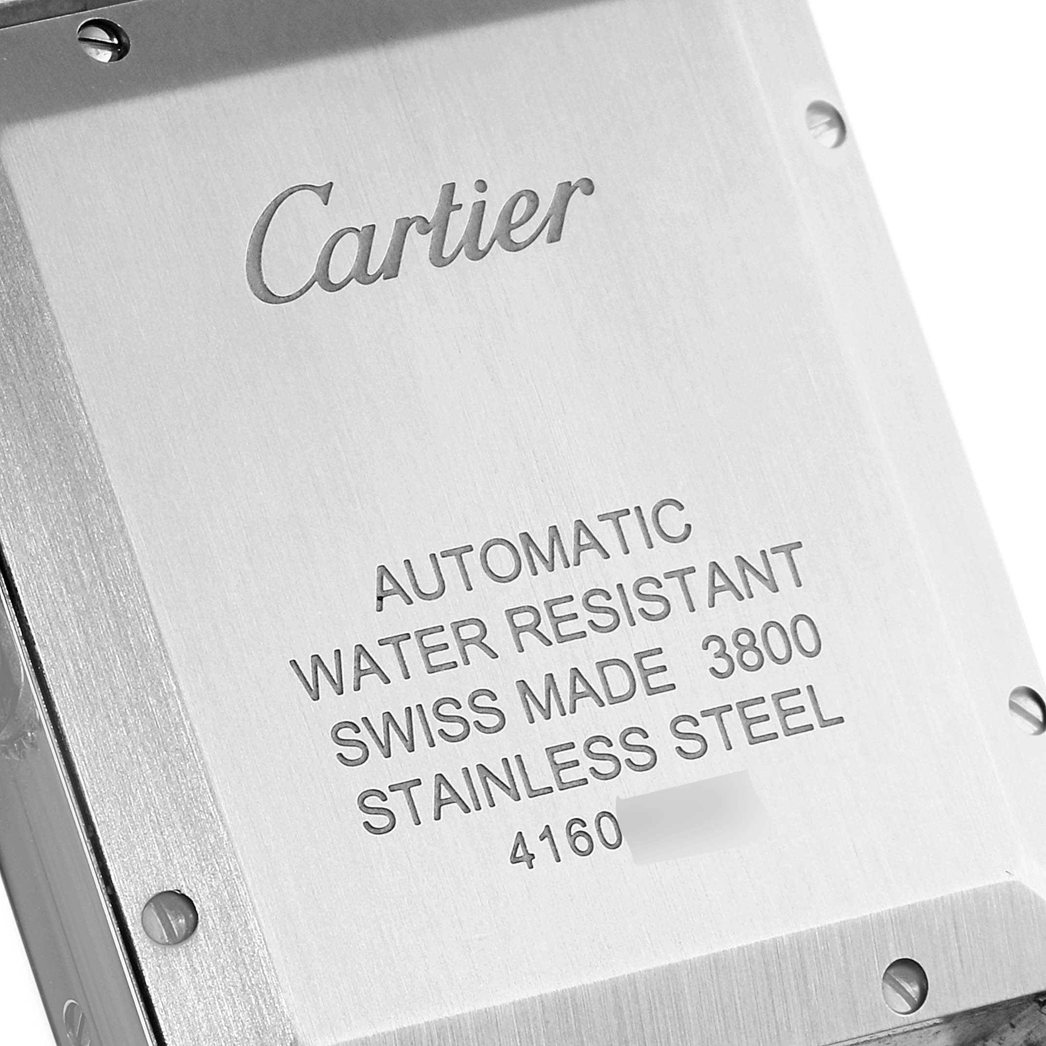 The image shows the back case of a Cartier Tank Solo W5200028 Men's Stainless Steel Silver Dial W5200028 Men's Stainless Steel Silver Dial watch, displaying its engravings and specifications.