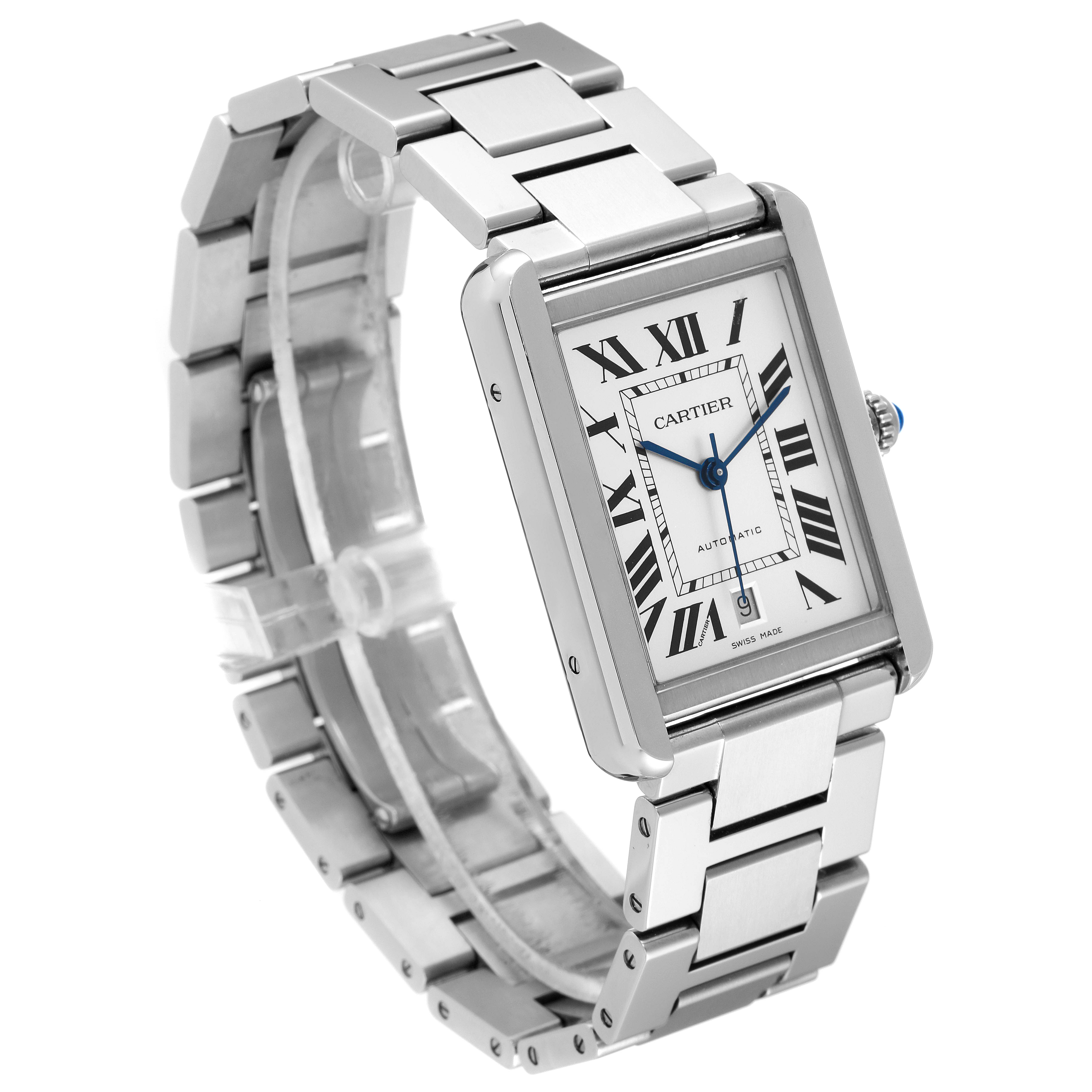 The image shows a Cartier Tank Solo W5200028 Men's Stainless Steel Silver Dial W5200028 Men's Stainless Steel Silver Dial watch at a three-quarter angle, highlighting its rectangular face, Roman numeral dial, and metal bracelet.