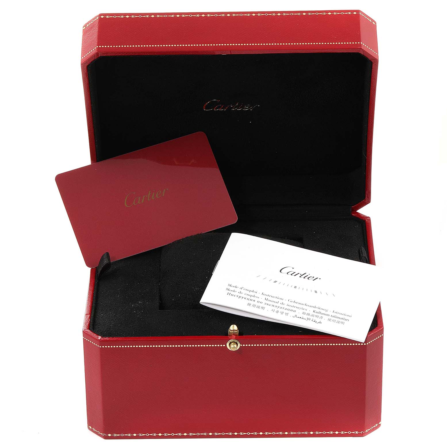 The image shows an open Cartier box with documents and a card inside, for a Tank Solo watch by Cartier.