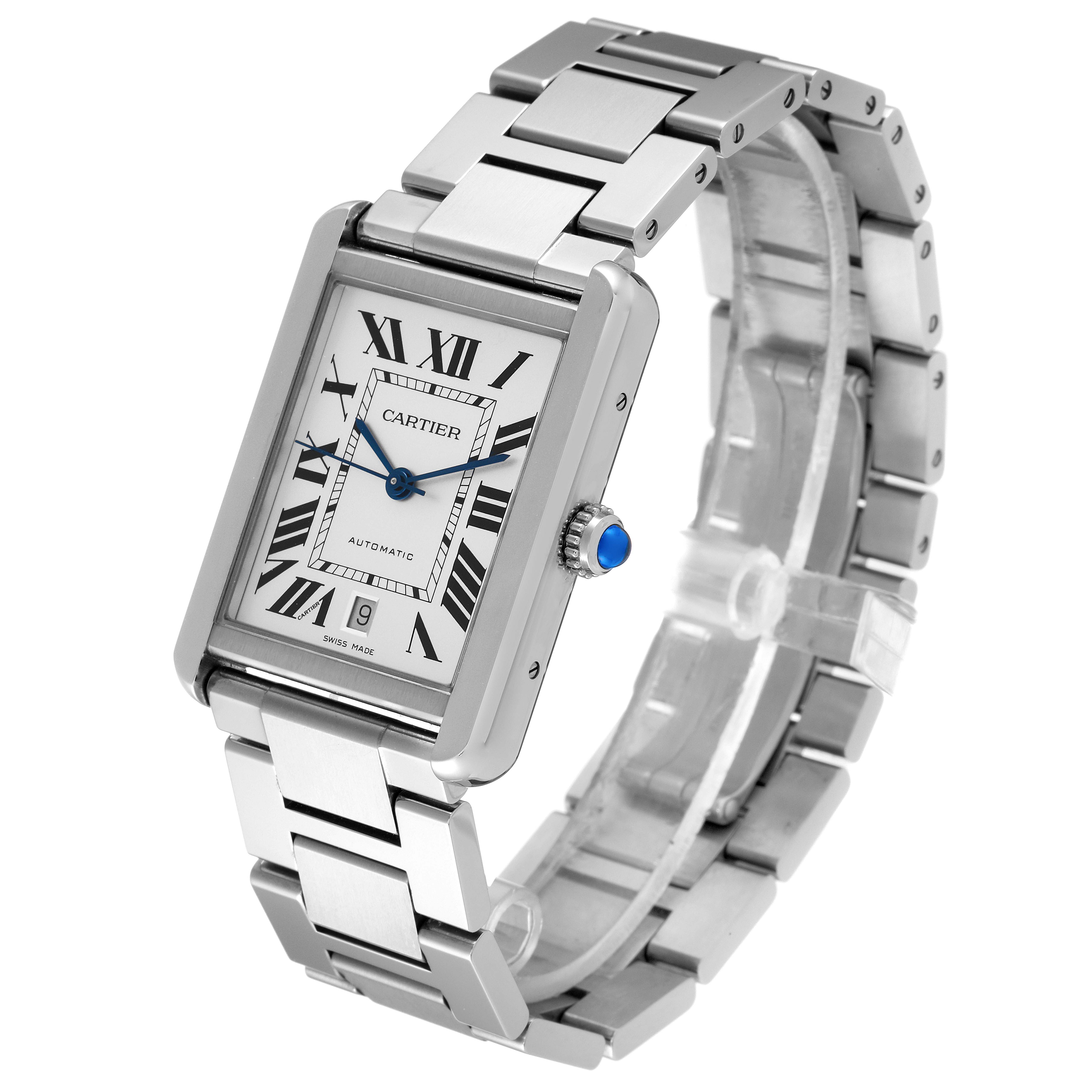The image shows a Cartier Tank Solo W5200028 Men's Stainless Steel Silver Dial W5200028 Men's Stainless Steel Silver Dial watch at a three-quarter angle, highlighting its rectangular case, Roman numeral dial, and linked bracelet.