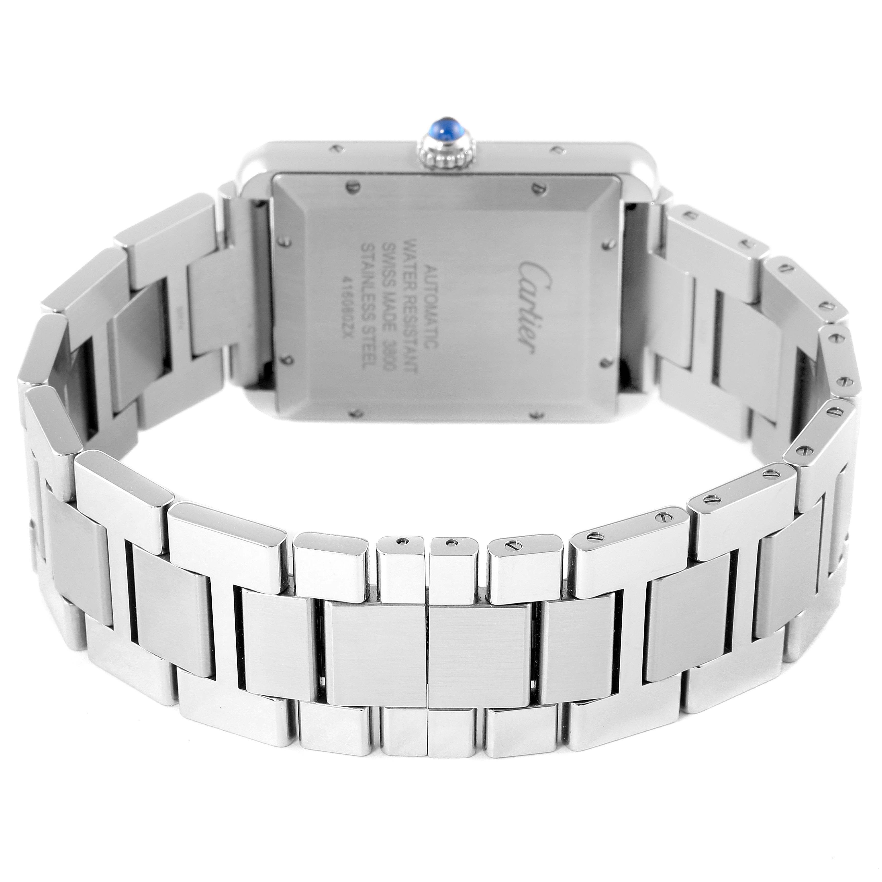 The image shows the back view of a Cartier Tank Solo W5200028 Men's Stainless Steel Silver Dial W5200028 Men's Stainless Steel Silver Dial watch, highlighting the stainless steel bracelet and caseback details.