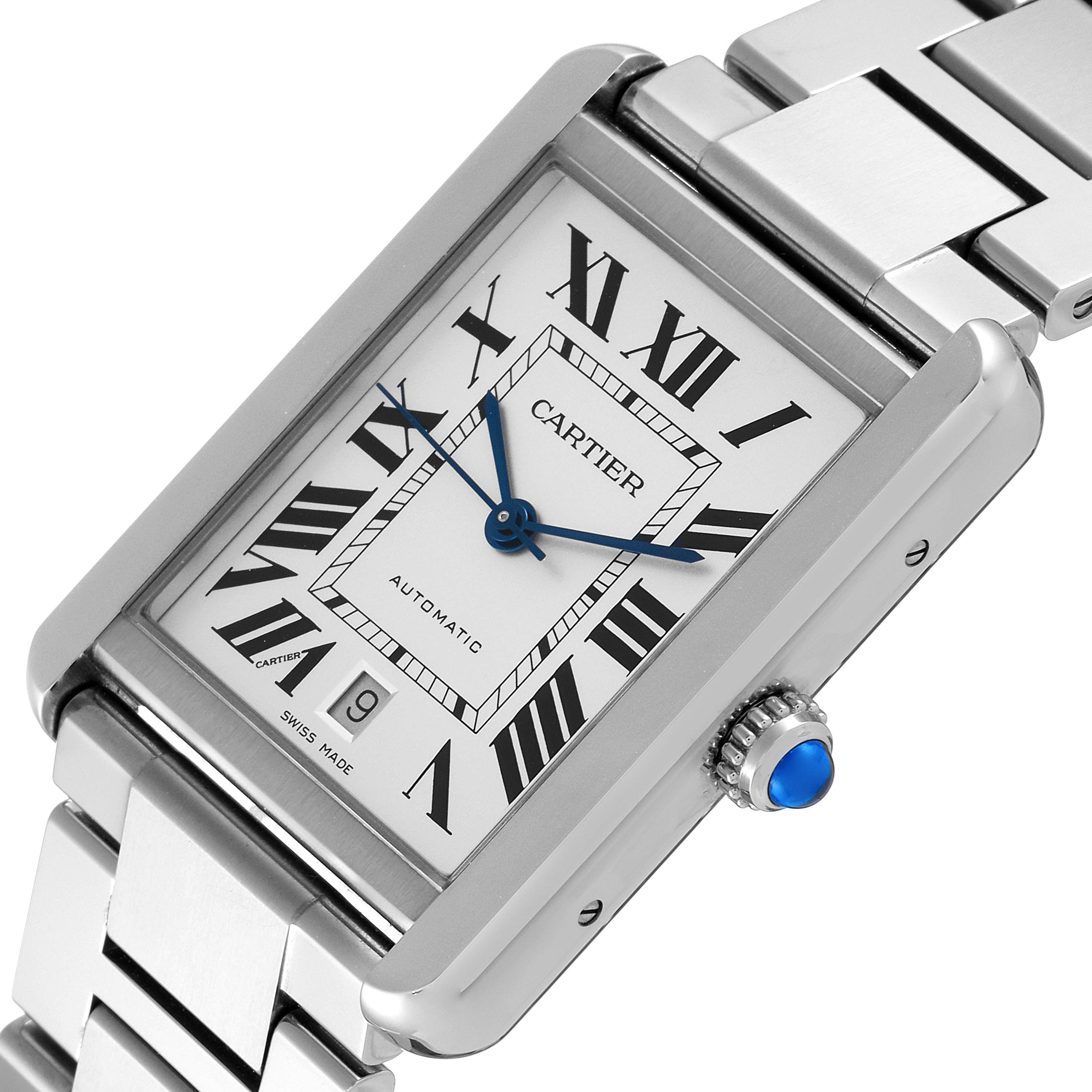 The image shows a detailed angled view of the Cartier Tank Solo W5200028 Men's Stainless Steel Silver Dial W5200028 Men's Stainless Steel Silver Dial watch face and part of its metal bracelet.
