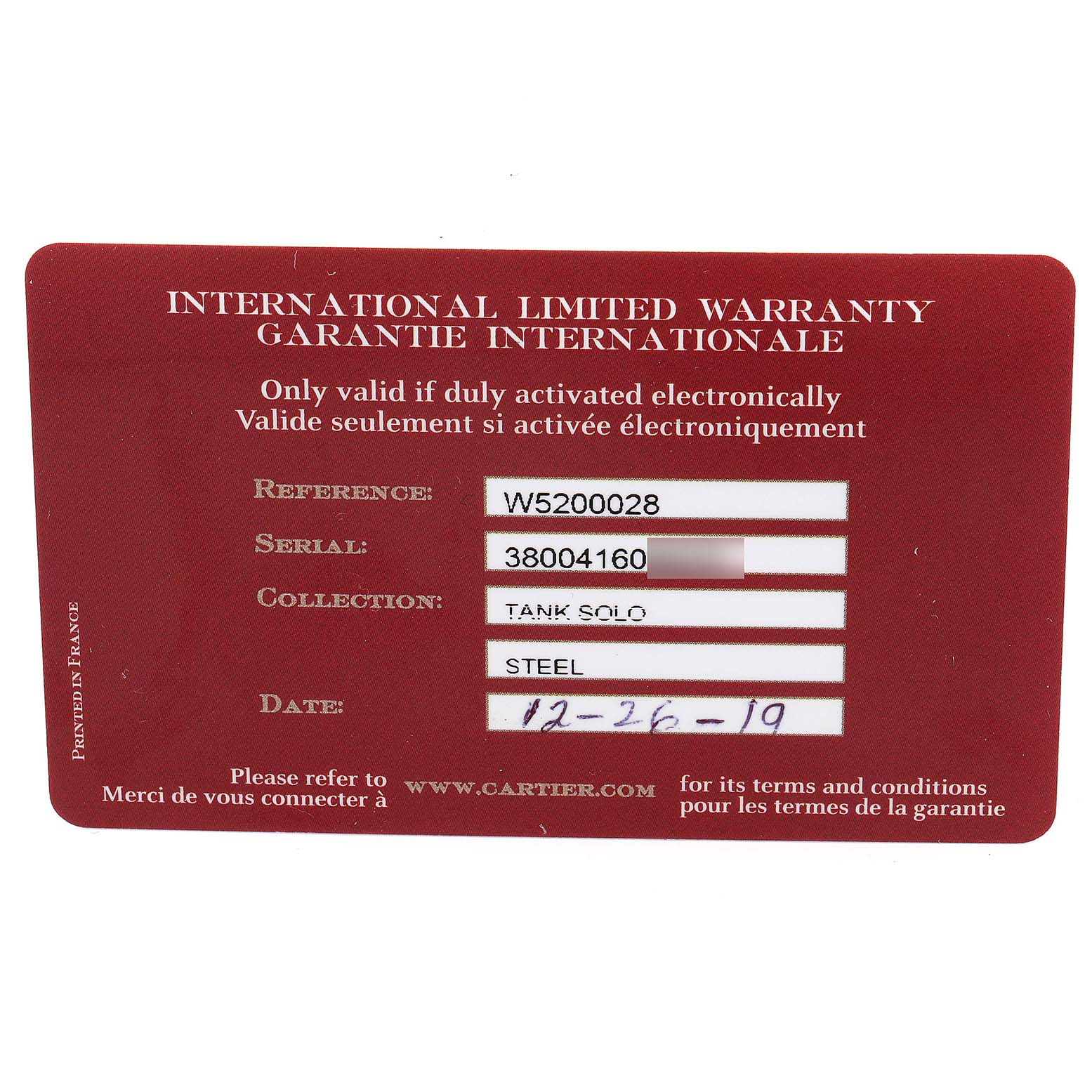 The image shows the international limited warranty card for the Cartier Tank Solo W5200028 Men's Stainless Steel Silver Dial W5200028 Men's Stainless Steel Silver Dial watch.