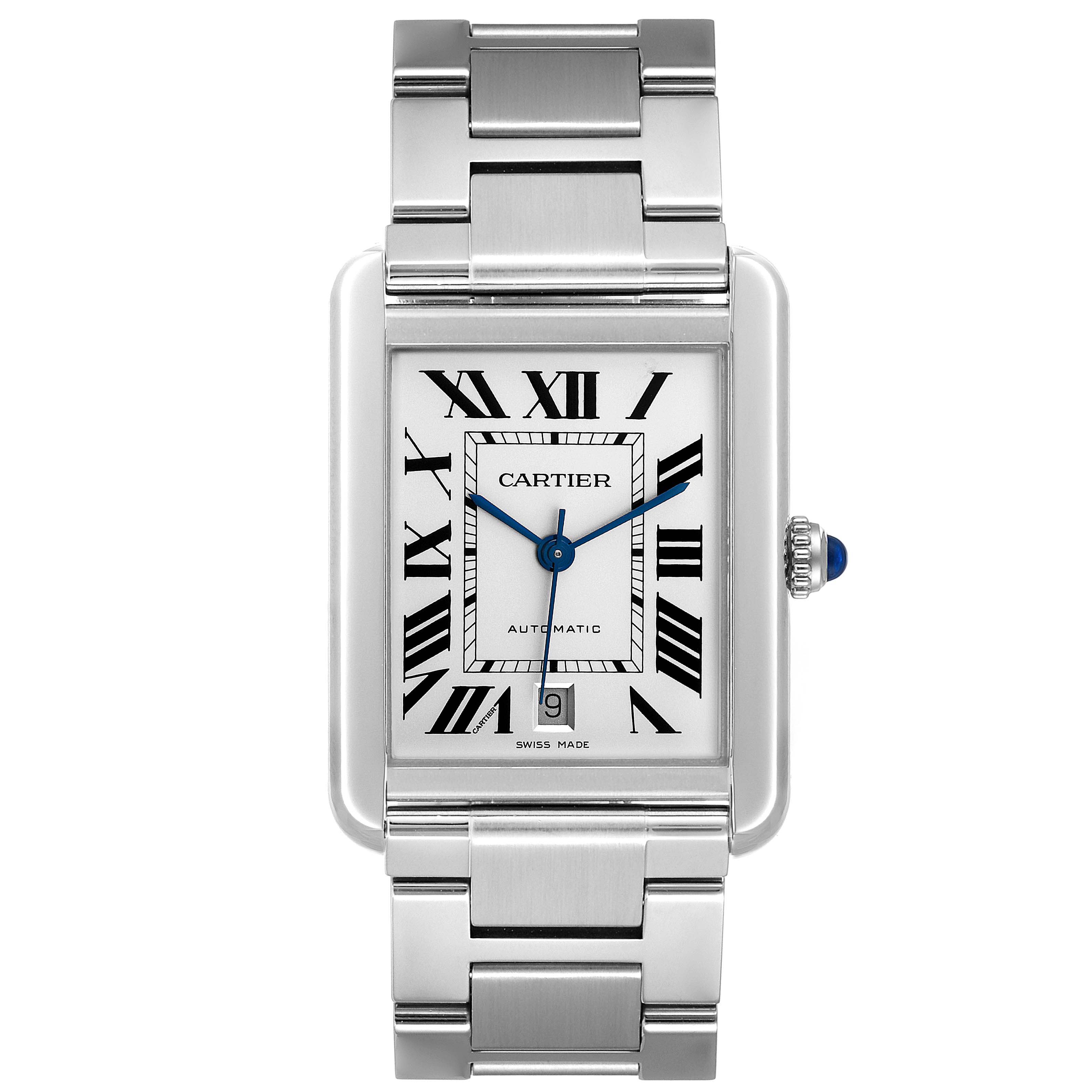 The Tank Solo model by Cartier is shown from a top-down angle, displaying the watch face, hands, and metal bracelet.