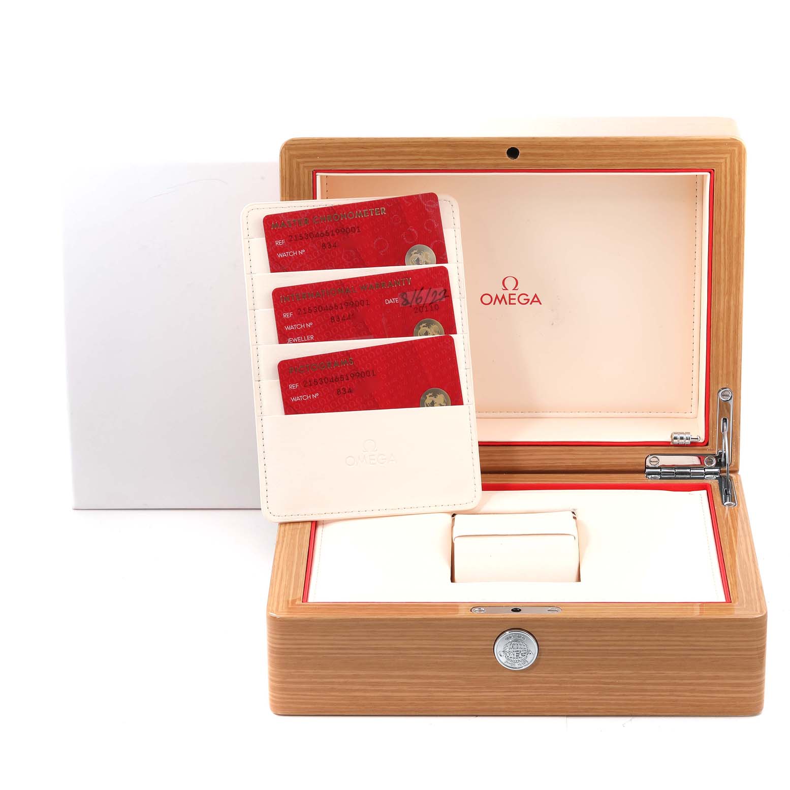 The image shows the presentation box and warranty cards for the Omega Planet Ocean 215.30.46.51.99.001 Men's Stainless Steel Grey Dial 215.30.46.51.99.001 Men's Stainless Steel Grey Dial model watch.