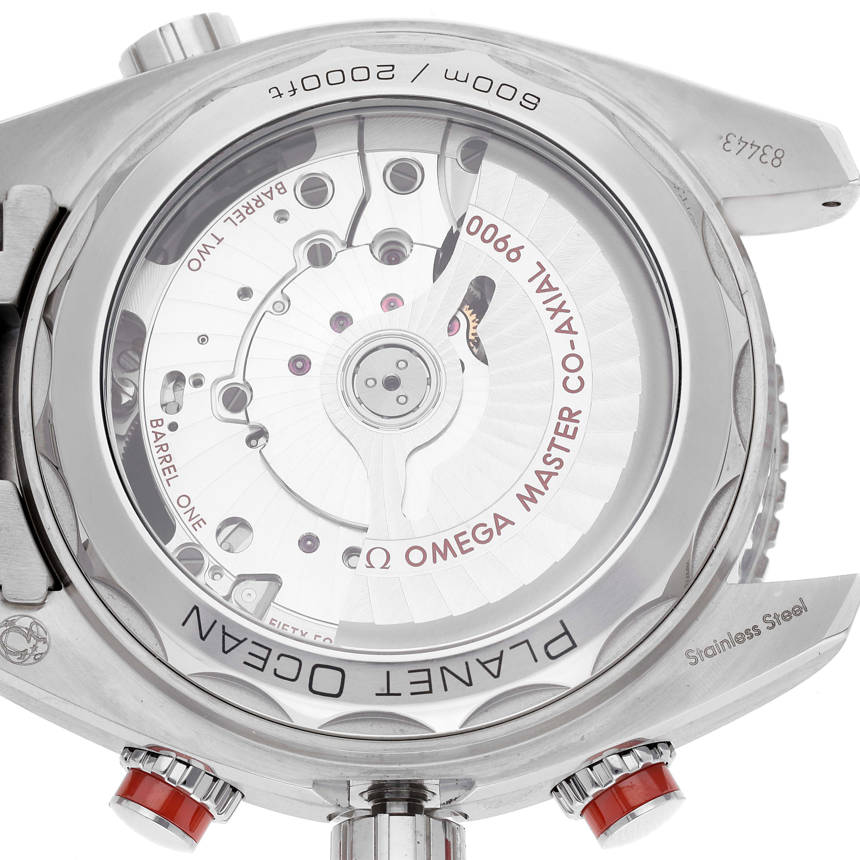 The image shows the back view of the Omega Planet Ocean 215.30.46.51.99.001 Men's Stainless Steel Grey Dial 215.30.46.51.99.001 Men's Stainless Steel Grey Dial watch, highlighting the movement and internal components.