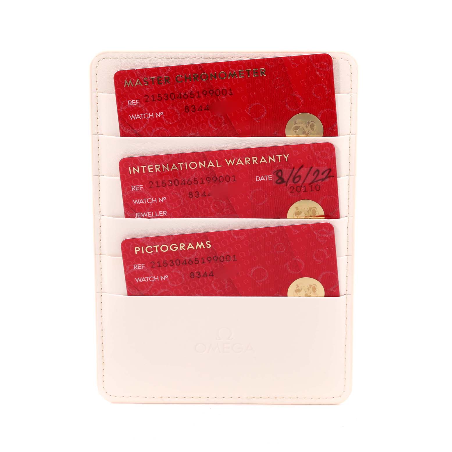 The image shows warranty cards for the Omega Planet Ocean 215.30.46.51.99.001 Men's Stainless Steel Grey Dial 215.30.46.51.99.001 Men's Stainless Steel Grey Dial watch held in a white cardholder.