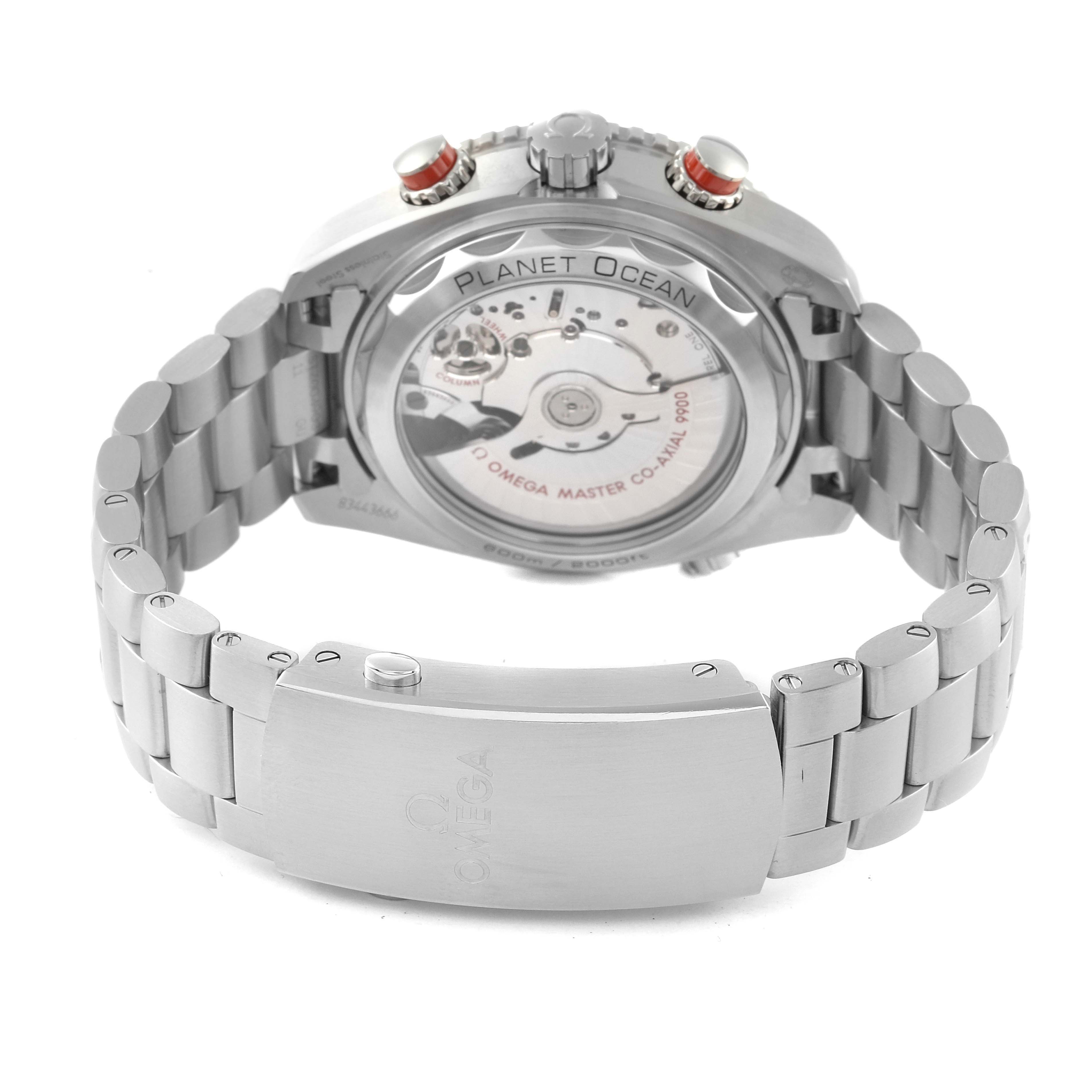 The Omega Planet Ocean 215.30.46.51.99.001 Men's Stainless Steel Grey Dial 215.30.46.51.99.001 Men's Stainless Steel Grey Dial watch is shown from the back, highlighting the case back and metal bracelet.