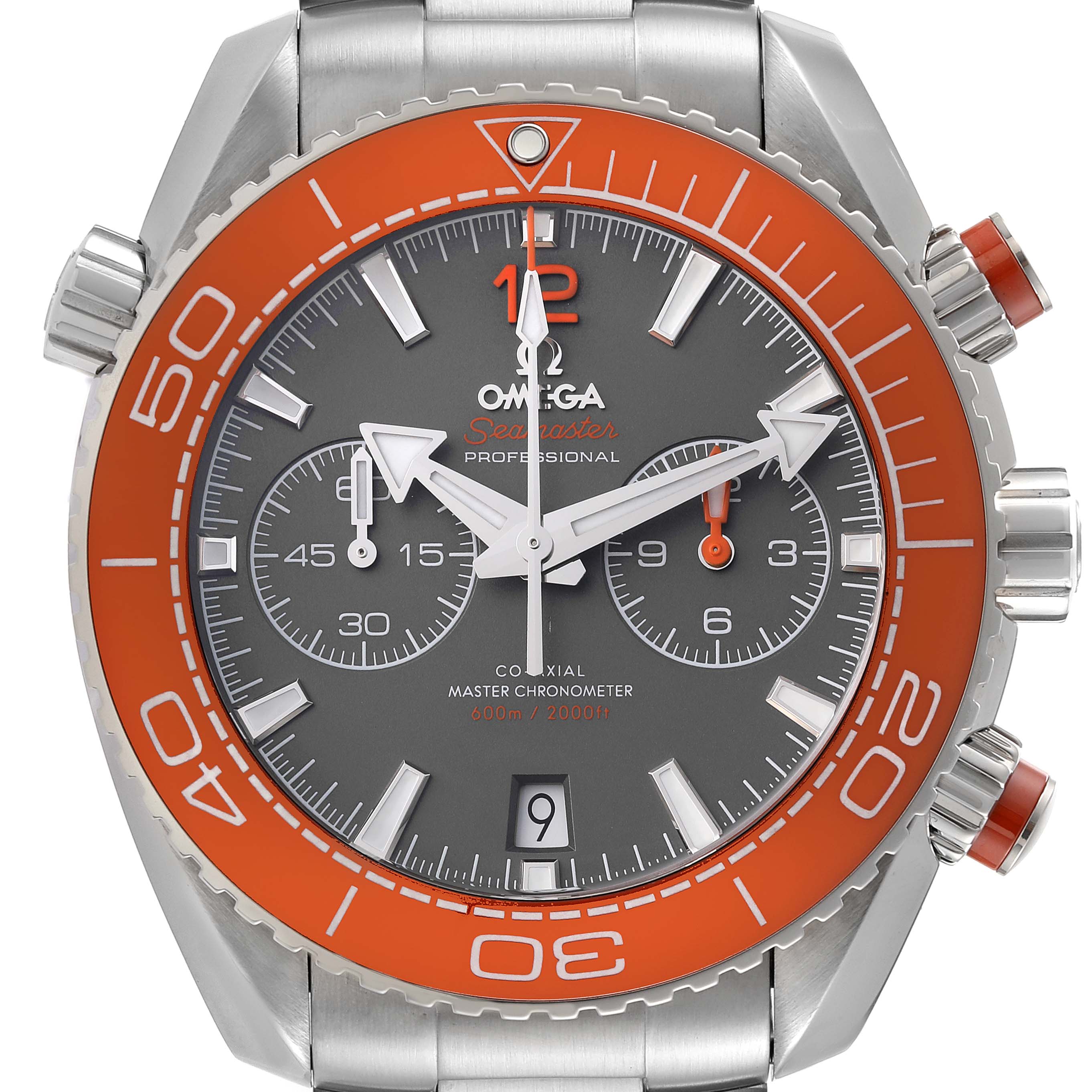 The Omega Planet Ocean 215.30.46.51.99.001 Men's Stainless Steel Grey Dial 215.30.46.51.99.001 Men's Stainless Steel Grey Dial watch is displayed from the front, showing the dial, bezel, and chrono pushers.