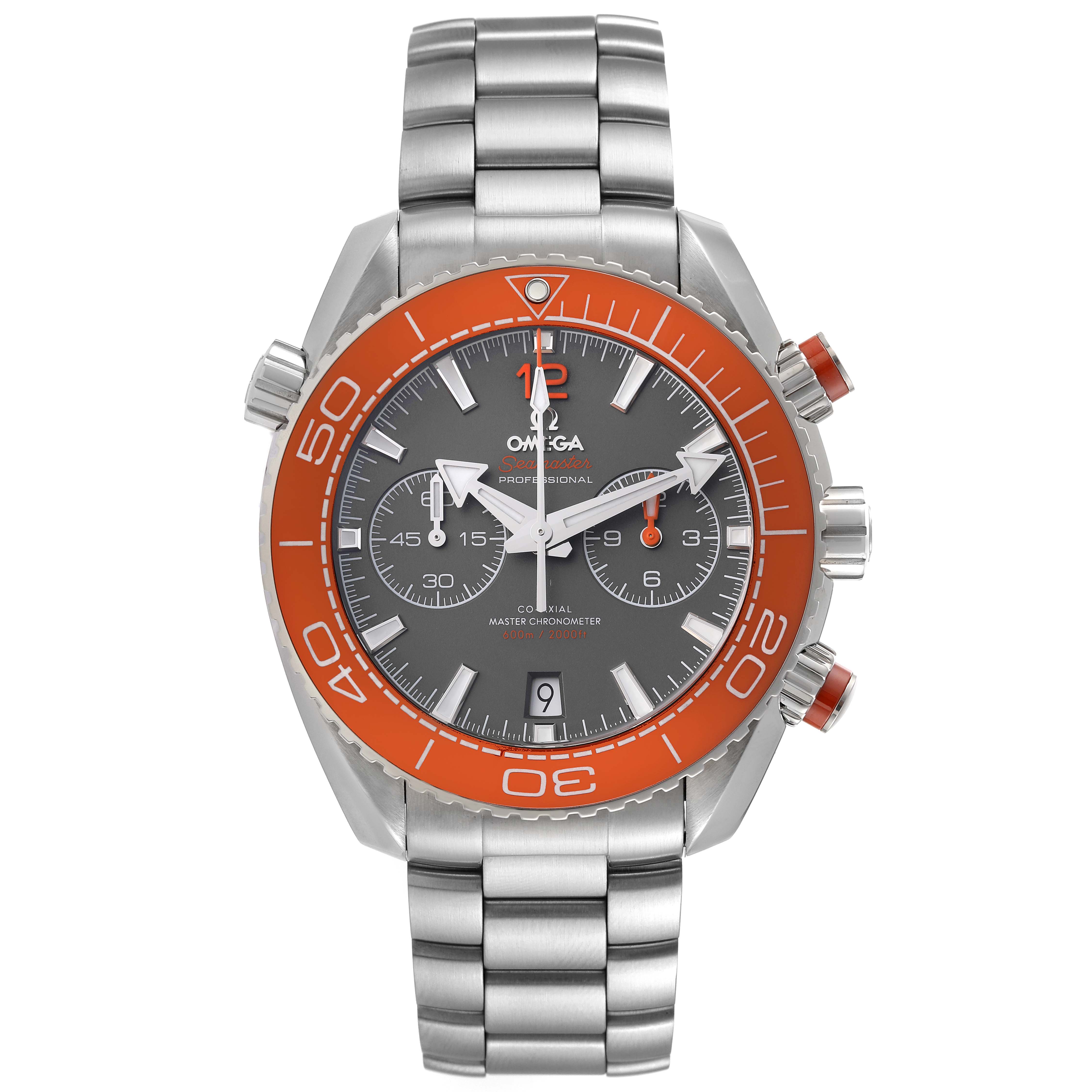 The image shows a front view of the Omega Planet Ocean 215.30.46.51.99.001 Men's Stainless Steel Grey Dial 215.30.46.51.99.001 Men's Stainless Steel Grey Dial watch, highlighting its orange bezel, chronograph subdials, and stainless steel bracelet.