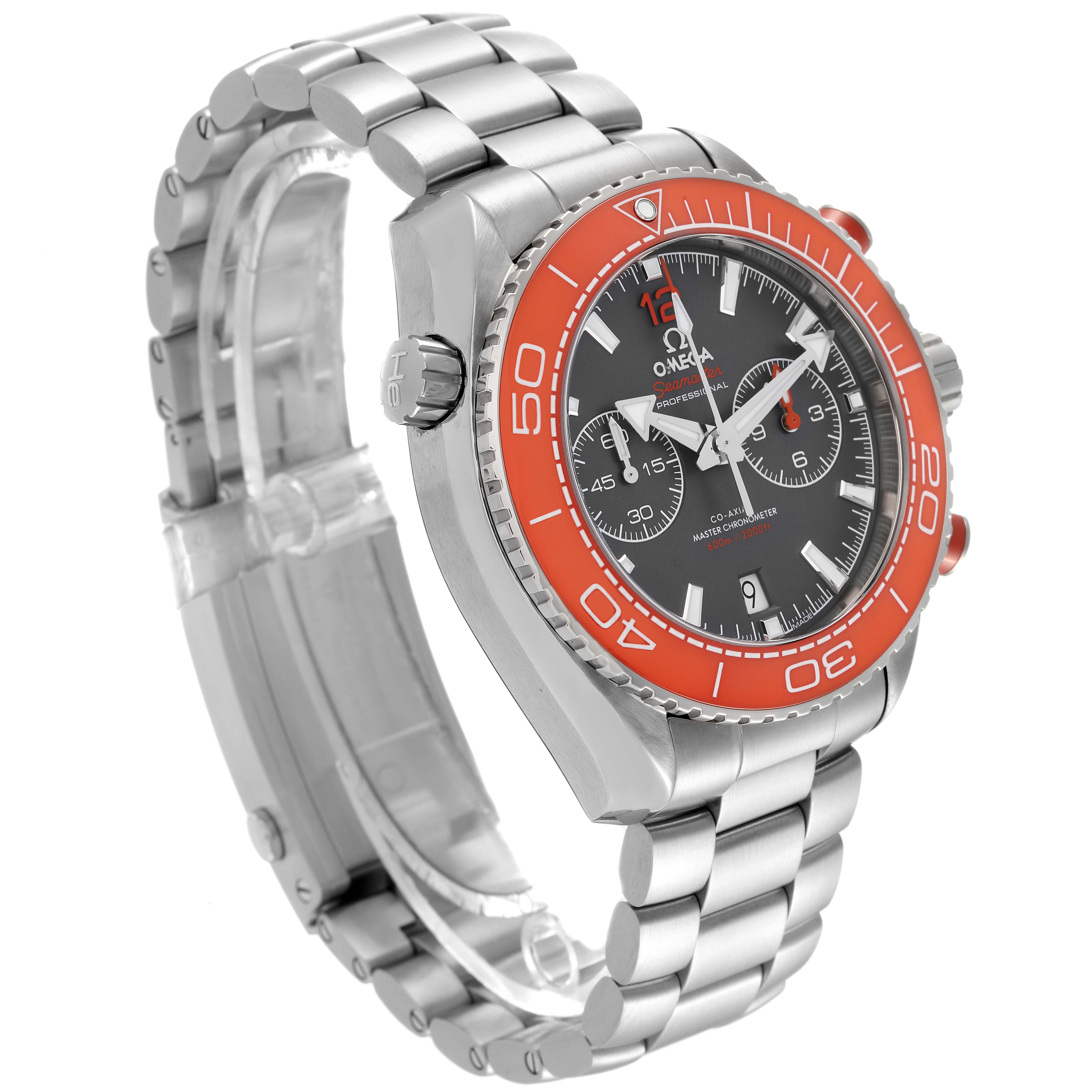 The image shows an Omega Planet Ocean 215.30.46.51.99.001 Men's Stainless Steel Grey Dial 215.30.46.51.99.001 Men's Stainless Steel Grey Dial watch at a slight side angle, highlighting the orange bezel, dial, and metal bracelet.