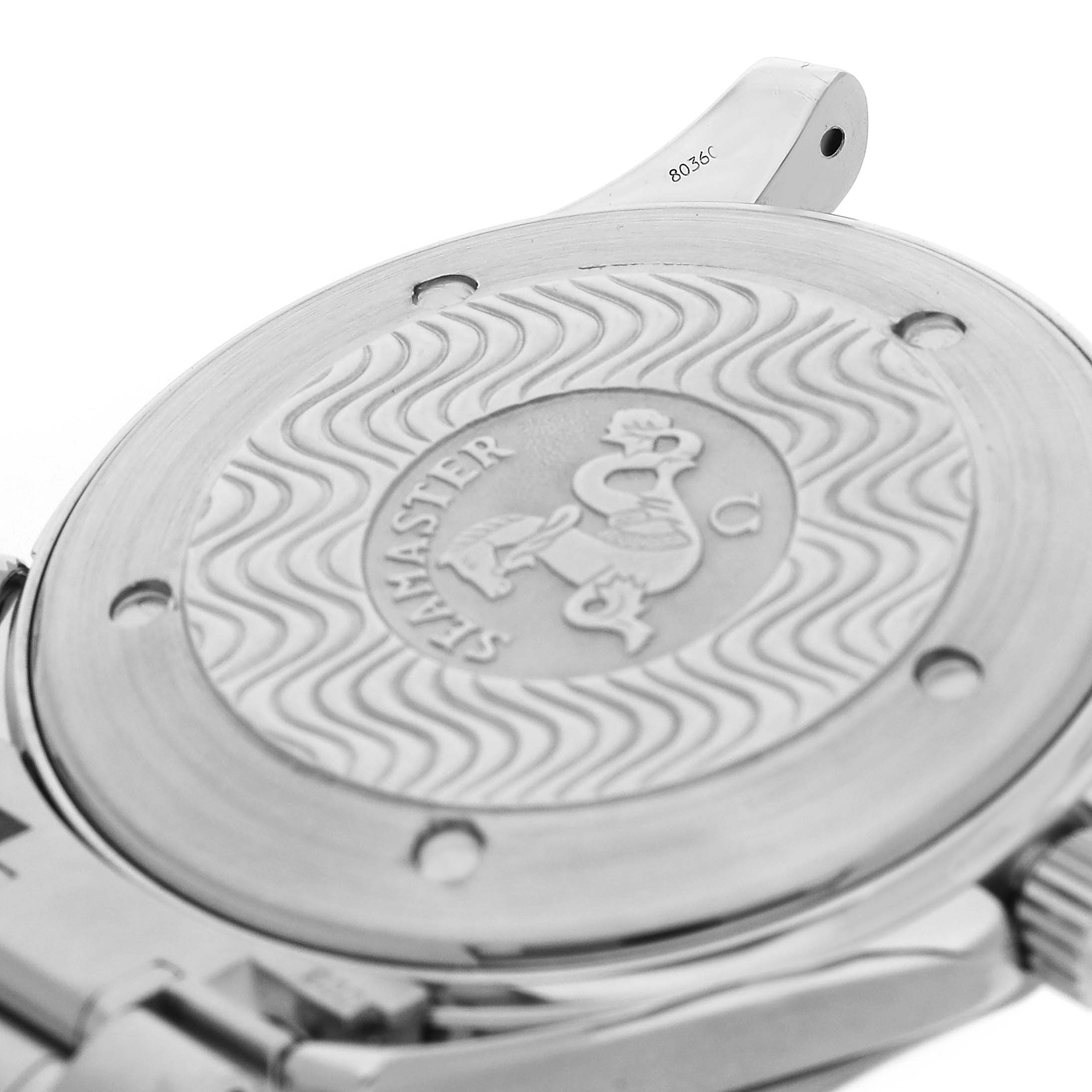 The image shows the back of an Omega Seamaster 2255.80.00 Men's Stainless Steel Blue Dial watch, highlighting the engraved wave pattern and emblem.