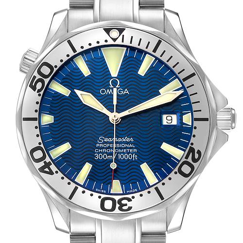 The image shows a frontal view of the Omega Seamaster 2255.80.00 Men's Stainless Steel Blue Dial watch, displaying the dial, bezel, hands, and crown.