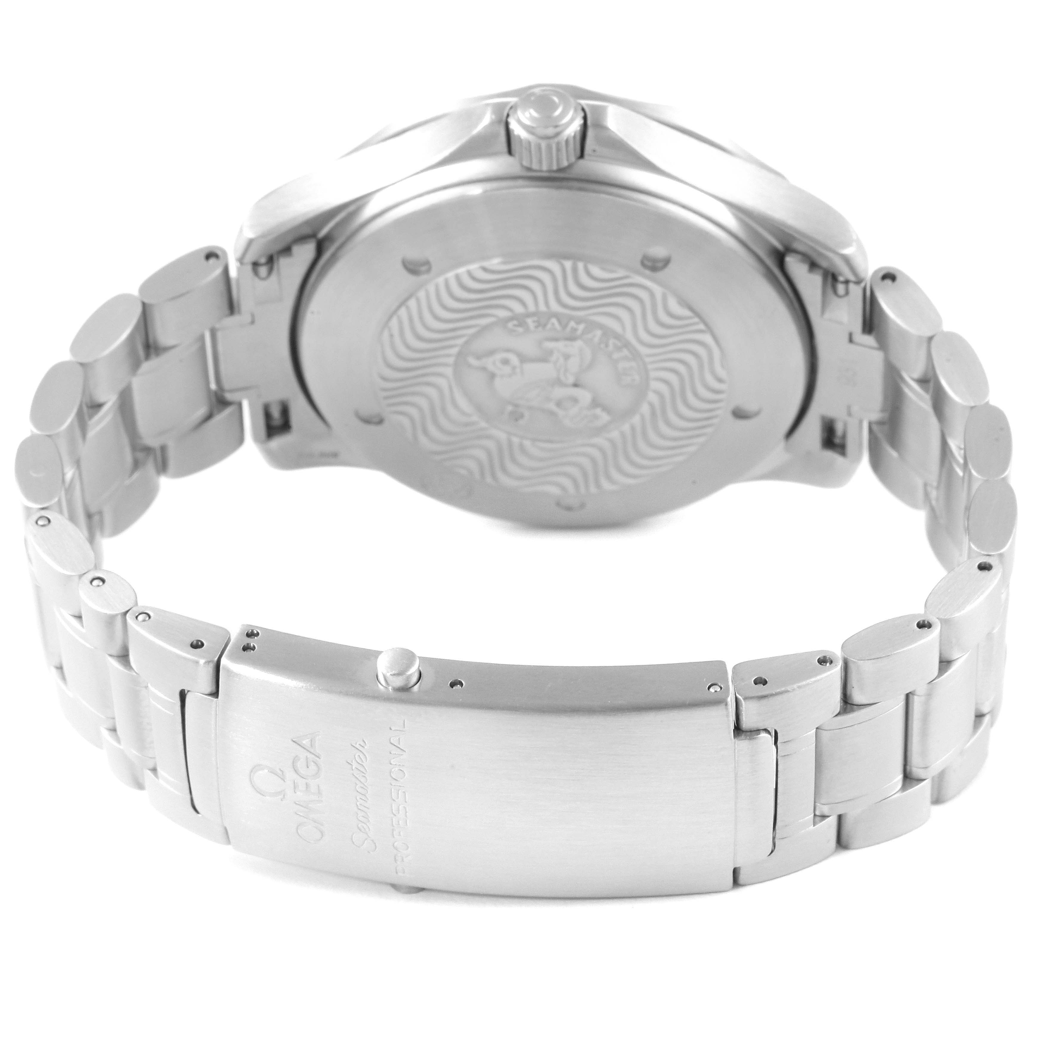 The image shows the back case, crown, and bracelet clasp of an Omega Seamaster 2538.20.00 Men's Stainless Steel White Dial 2538.20.00 Men's Stainless Steel White Dial watch from a rear angle.