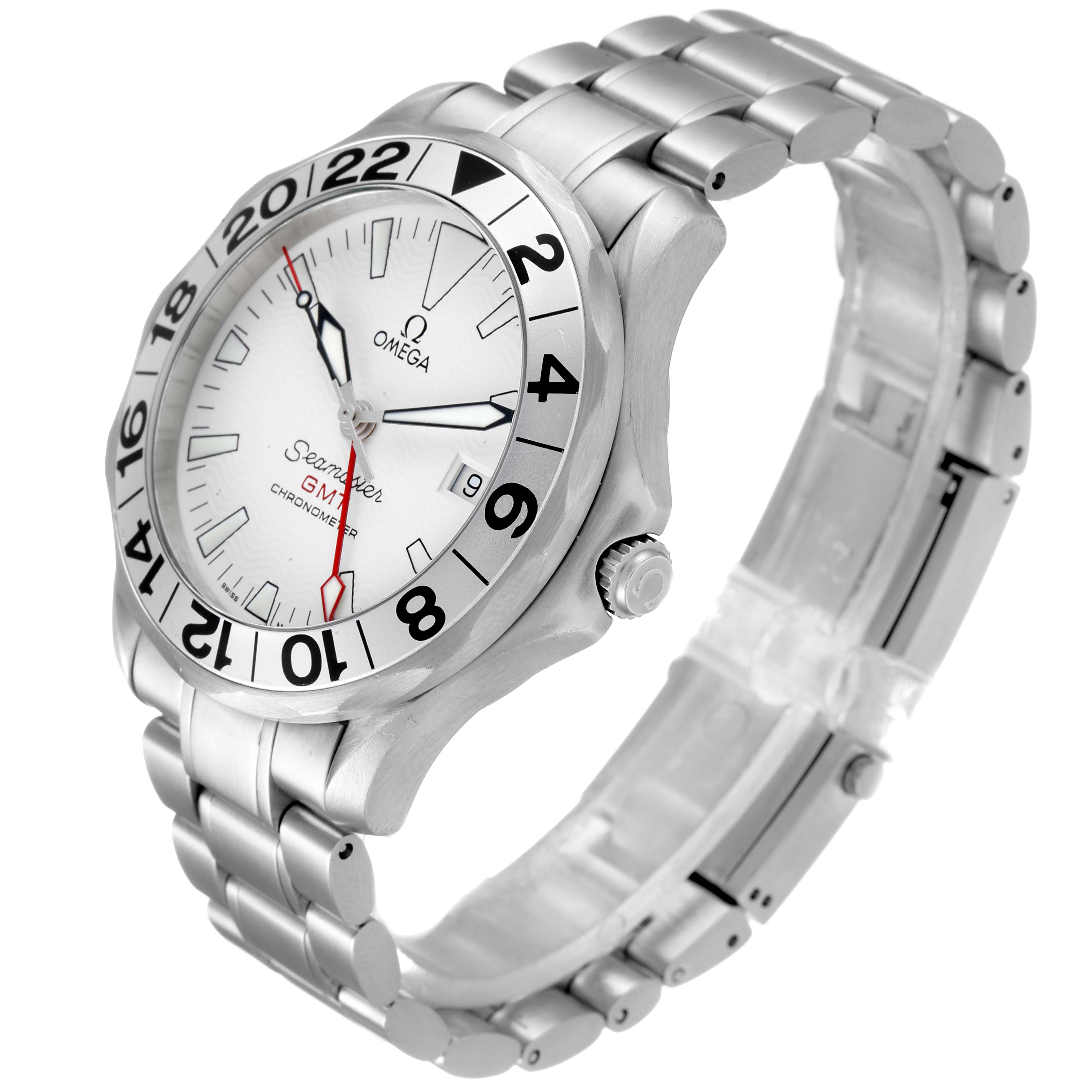 The image shows an Omega Seamaster 2538.20.00 Men's Stainless Steel White Dial 2538.20.00 Men's Stainless Steel White Dial GMT watch from an angled side view, displaying the face, bezel, crown, and bracelet.