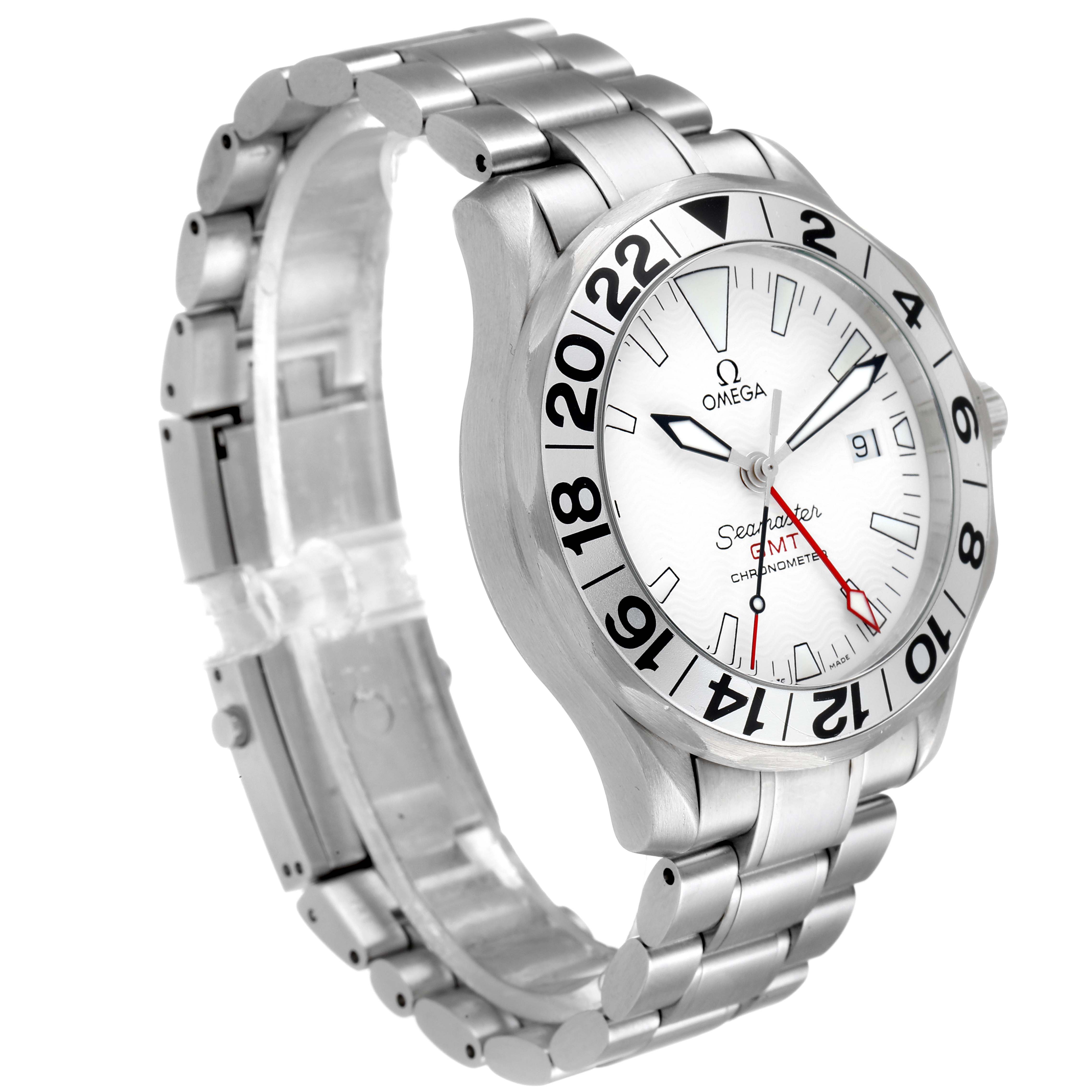 The image shows a side angle of an Omega Seamaster 2538.20.00 Men's Stainless Steel White Dial 2538.20.00 Men's Stainless Steel White Dial watch, highlighting its stainless steel bracelet, bezel, and dial.