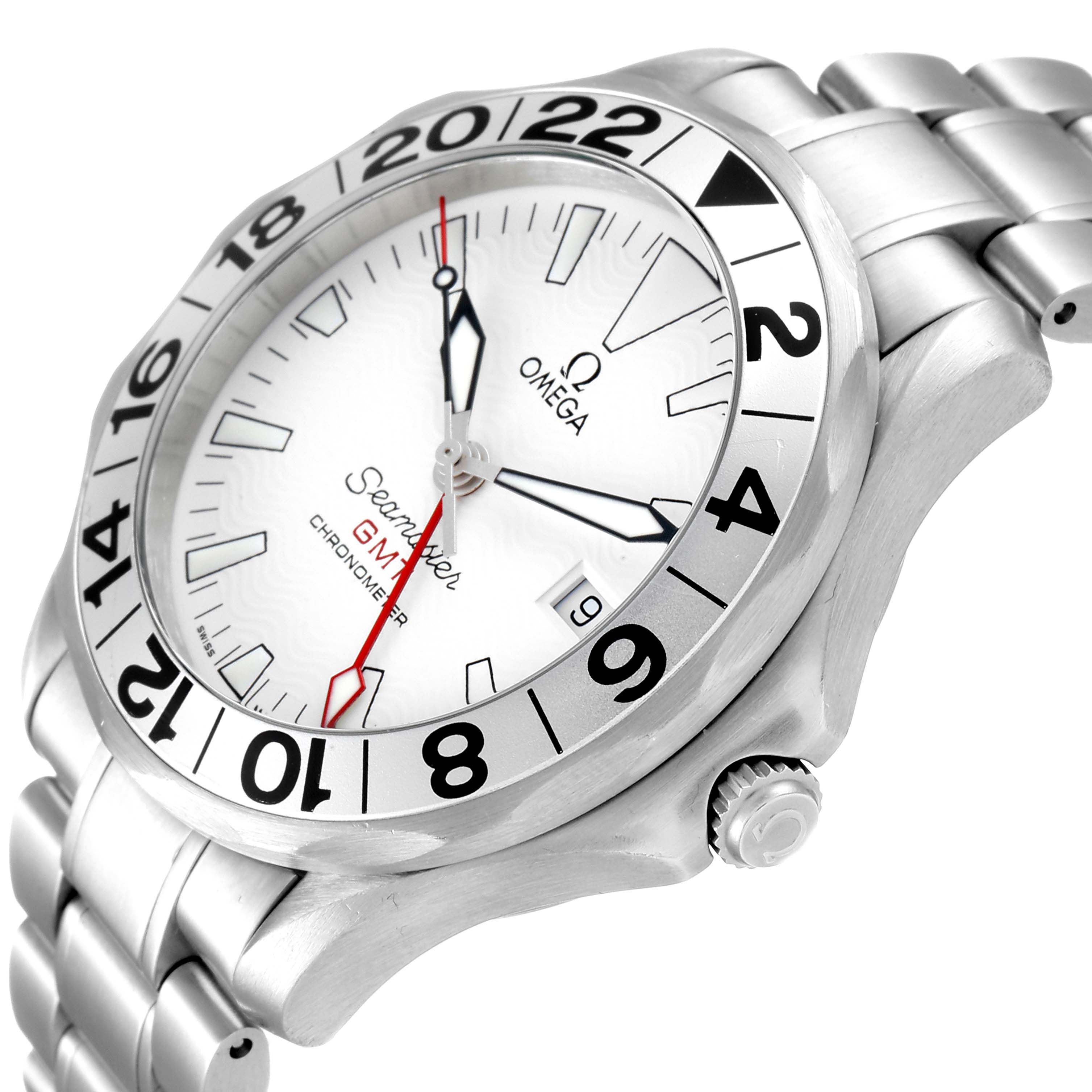 The Omega Seamaster 2538.20.00 Men's Stainless Steel White Dial 2538.20.00 Men's Stainless Steel White Dial watch is shown at a 3/4 angle, displaying the face, bezel, bracelet, and crown.