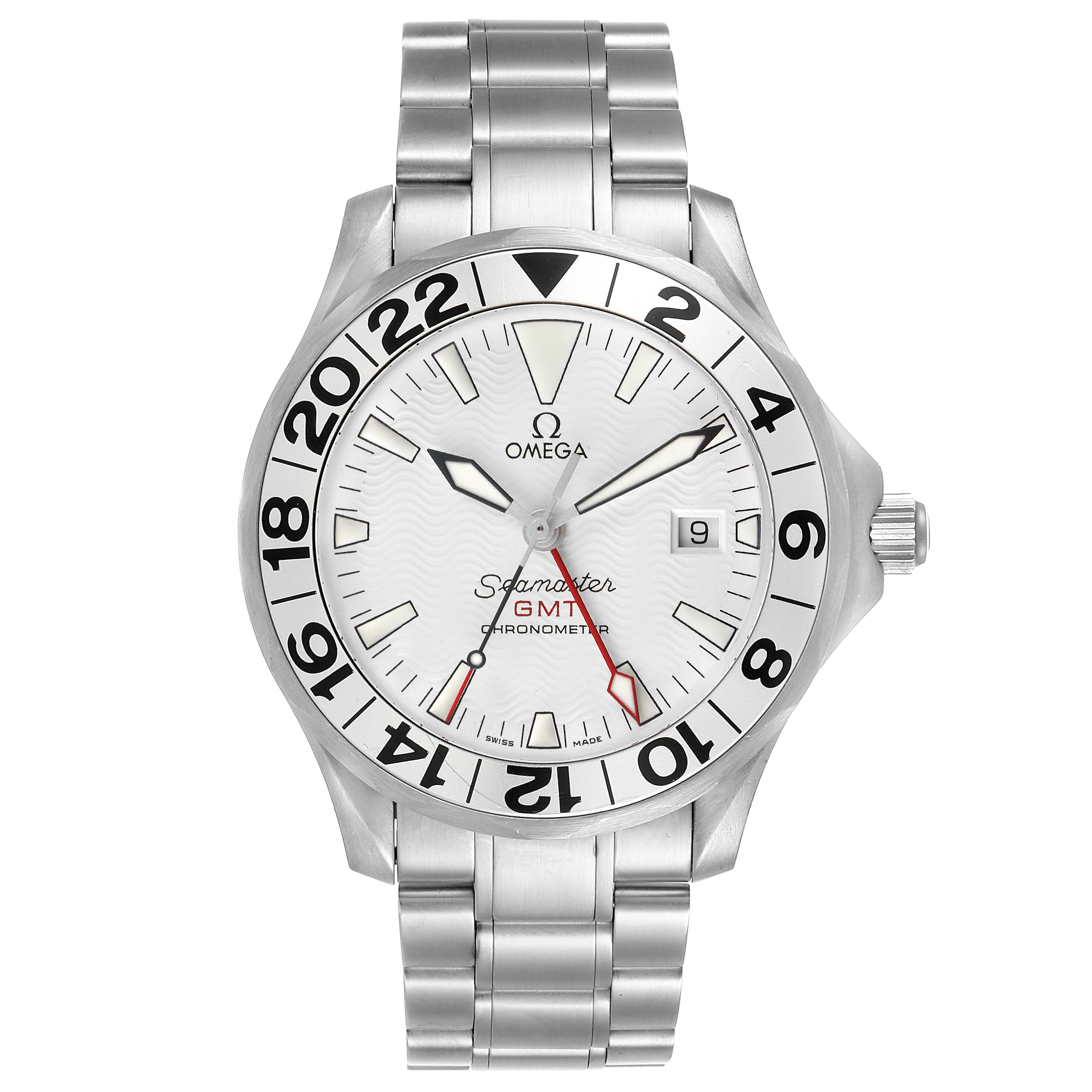 This image shows a frontal view of the Omega Seamaster 2538.20.00 Men's Stainless Steel White Dial 2538.20.00 Men's Stainless Steel White Dial GMT Chronometer watch, highlighting the dial, bezel, and bracelet.