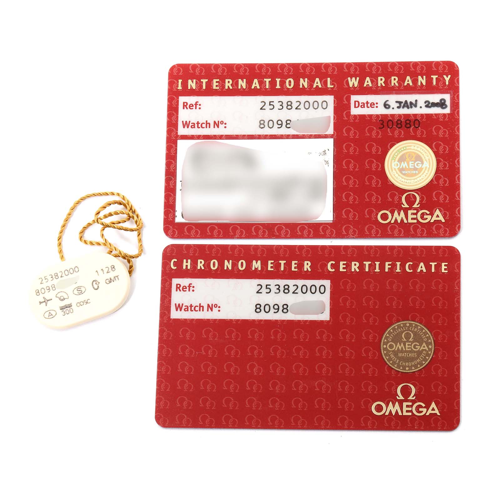 This image shows the international warranty card, chronometer certificate, and a hang tag for the Omega Seamaster 2538.20.00 Men's Stainless Steel White Dial 2538.20.00 Men's Stainless Steel White Dial watch model.