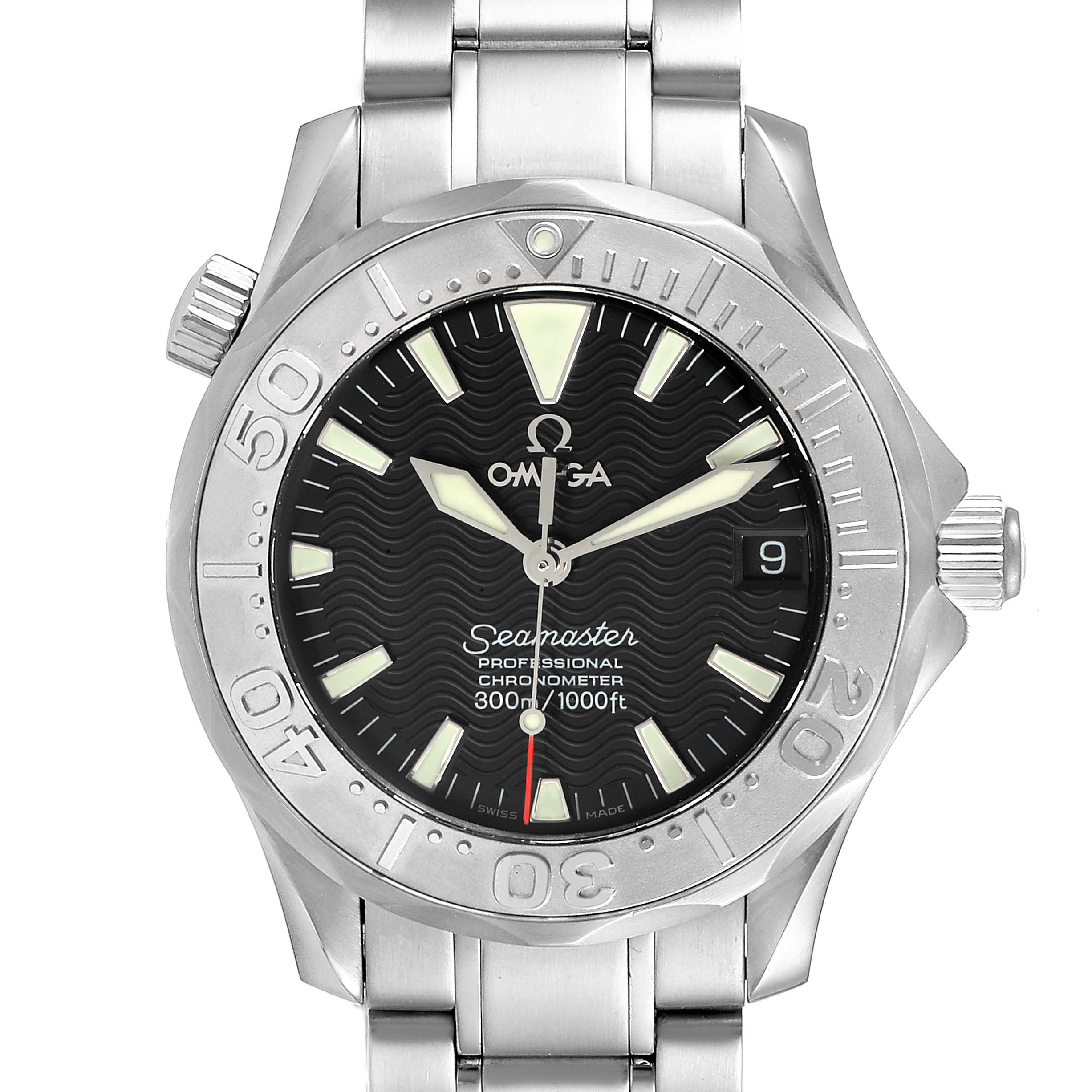 The image shows a front view of the Omega Seamaster 2236.50.00 Men
s Stainless Steel Black Dial 2236.50.00 Men
s Stainless Steel Black Dial watch, displaying the face, bezel, and part of the bracelet.