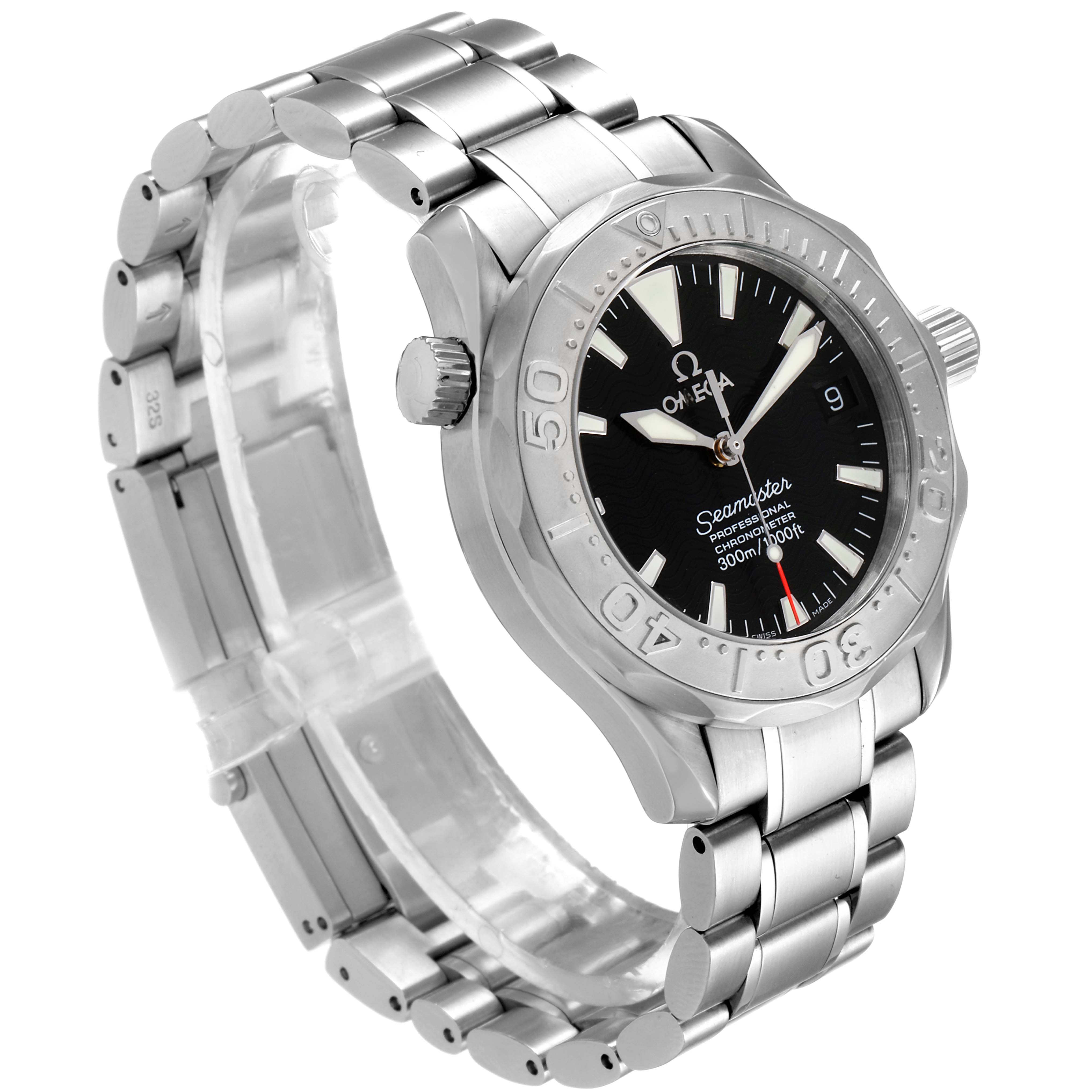 The Omega Seamaster 2236.50.00 Men
s Stainless Steel Black Dial 2236.50.00 Men
s Stainless Steel Black Dial watch is shown from a left side angle, highlighting its face, bezel, bracelet, and crown.