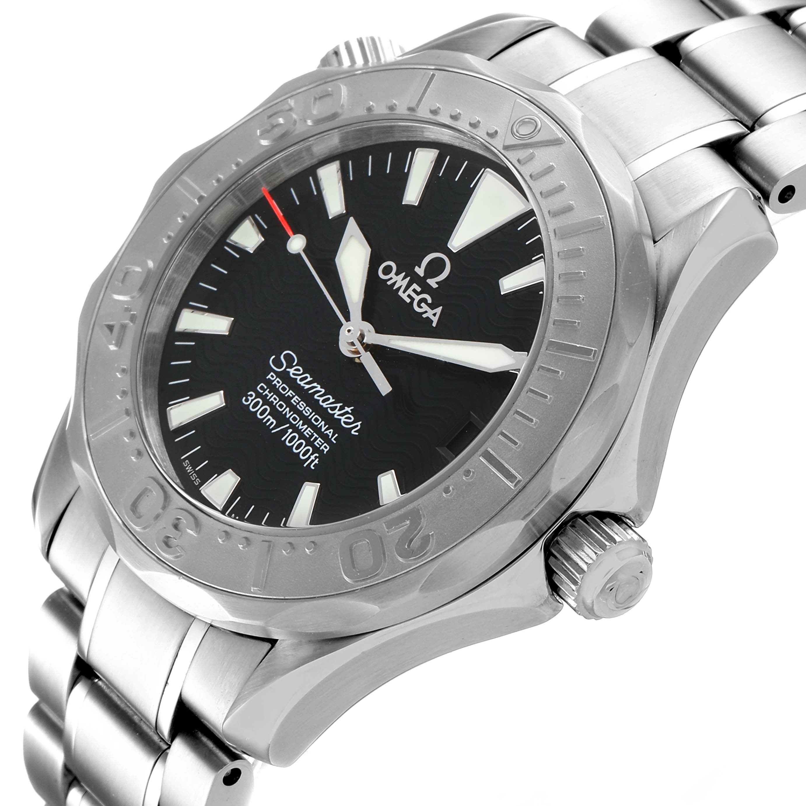 The Omega Seamaster 2236.50.00 Men
s Stainless Steel Black Dial 2236.50.00 Men
s Stainless Steel Black Dial watch is shown from a side angle highlighting the dial, bezel, crown, and part of the bracelet.