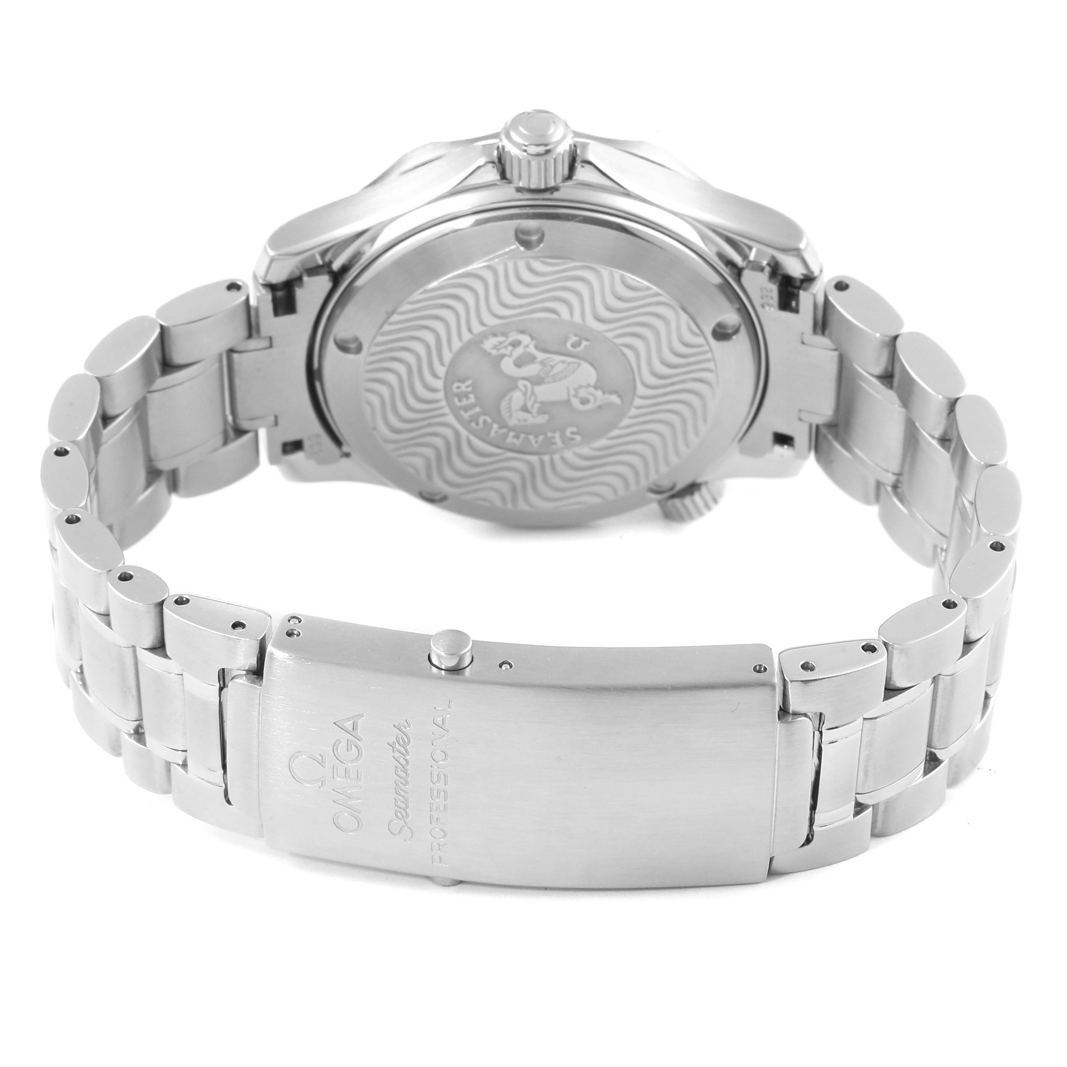 The image shows the back and clasp of an Omega Seamaster 2236.50.00 Men
s Stainless Steel Black Dial 2236.50.00 Men
s Stainless Steel Black Dial watch, highlighting its stainless steel bracelet and engraved case back.