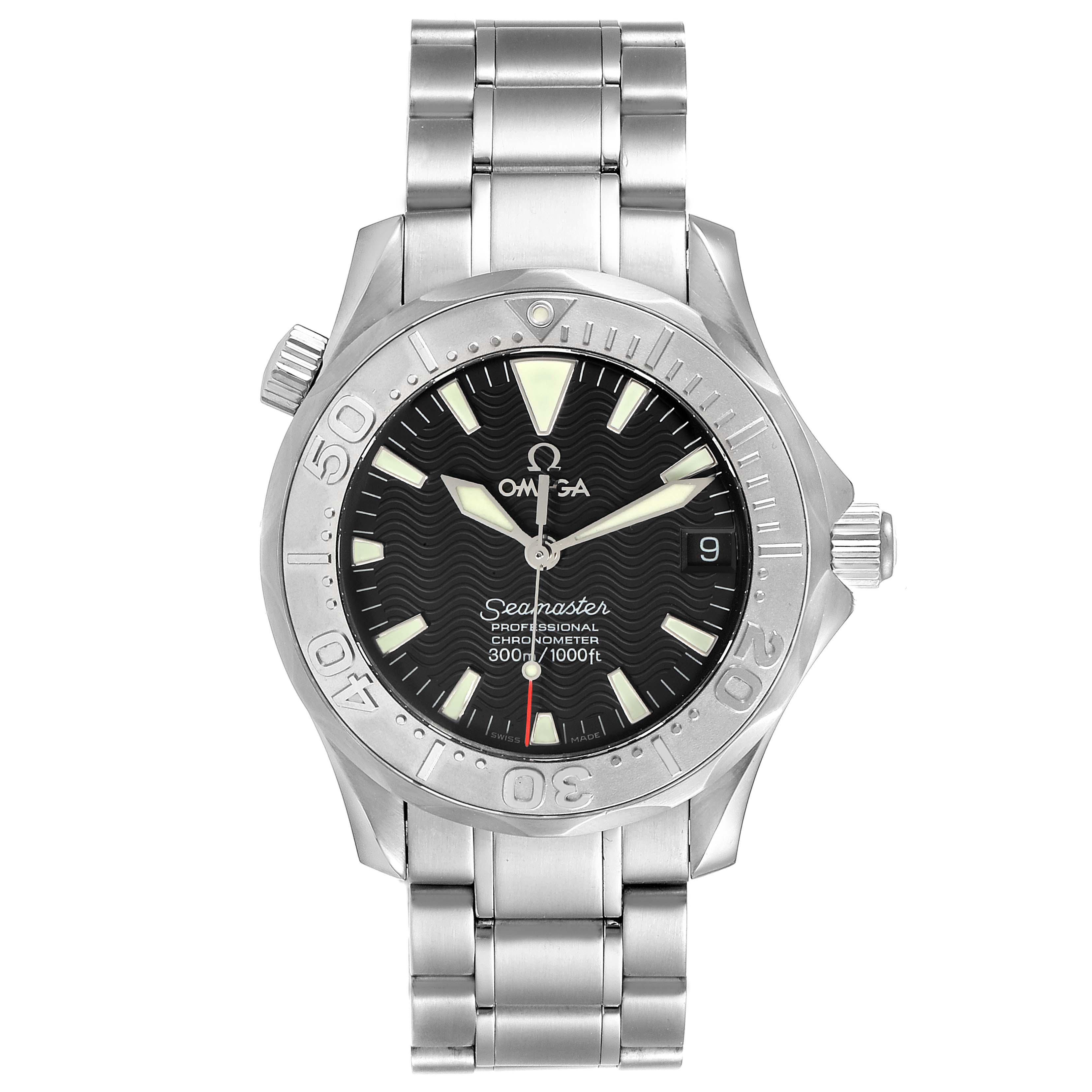 The Omega Seamaster 2236.50.00 Men
s Stainless Steel Black Dial 2236.50.00 Men
s Stainless Steel Black Dial watch is shown from a front angle, displaying the dial, bezel, and stainless steel bracelet.