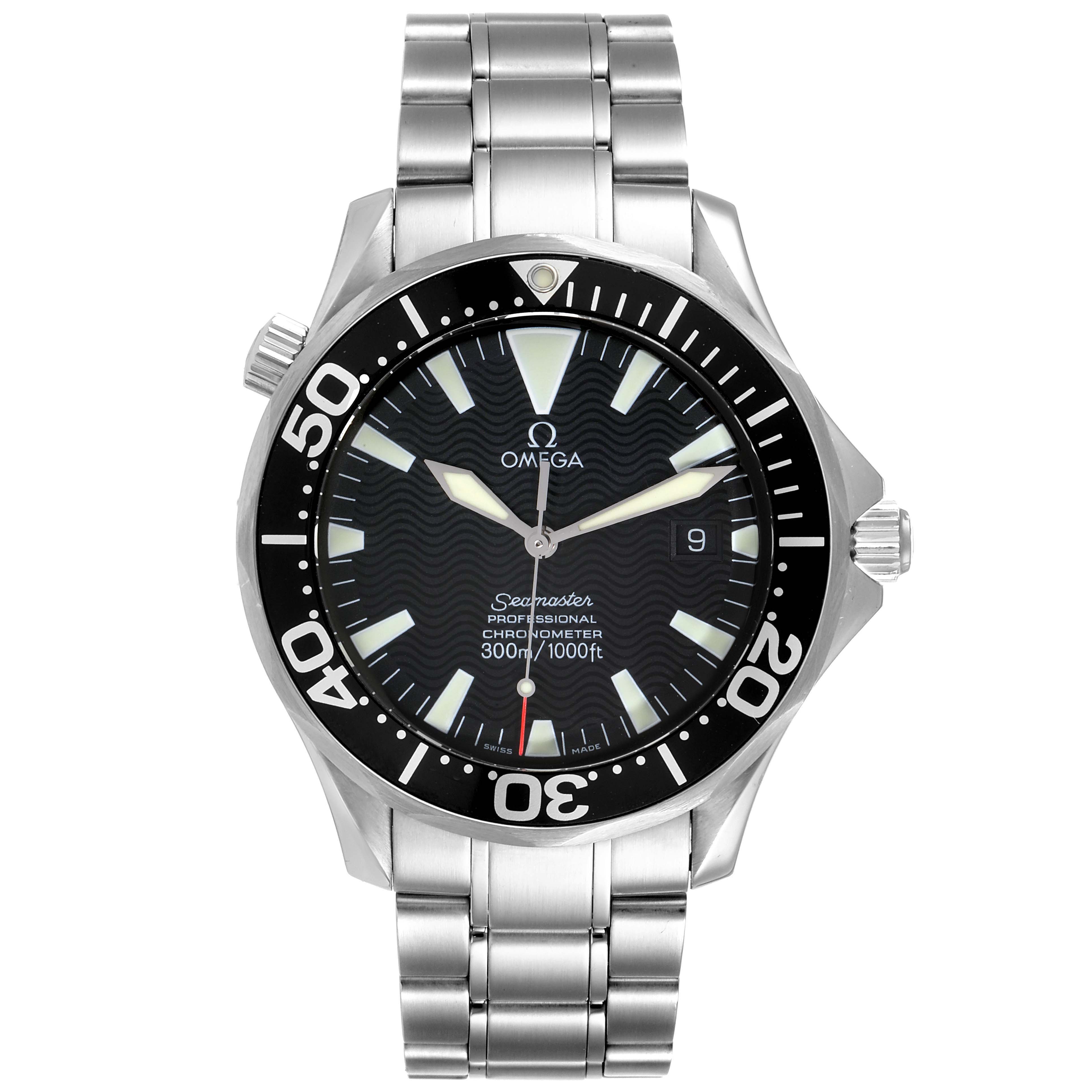 The image shows a front view of an Omega Seamaster 2254.50.00 Men
s Stainless Steel Black Dial 2254.50.00 Men
s Stainless Steel Black Dial watch, highlighting its dial, bezel, hands, bracelet, and crown.