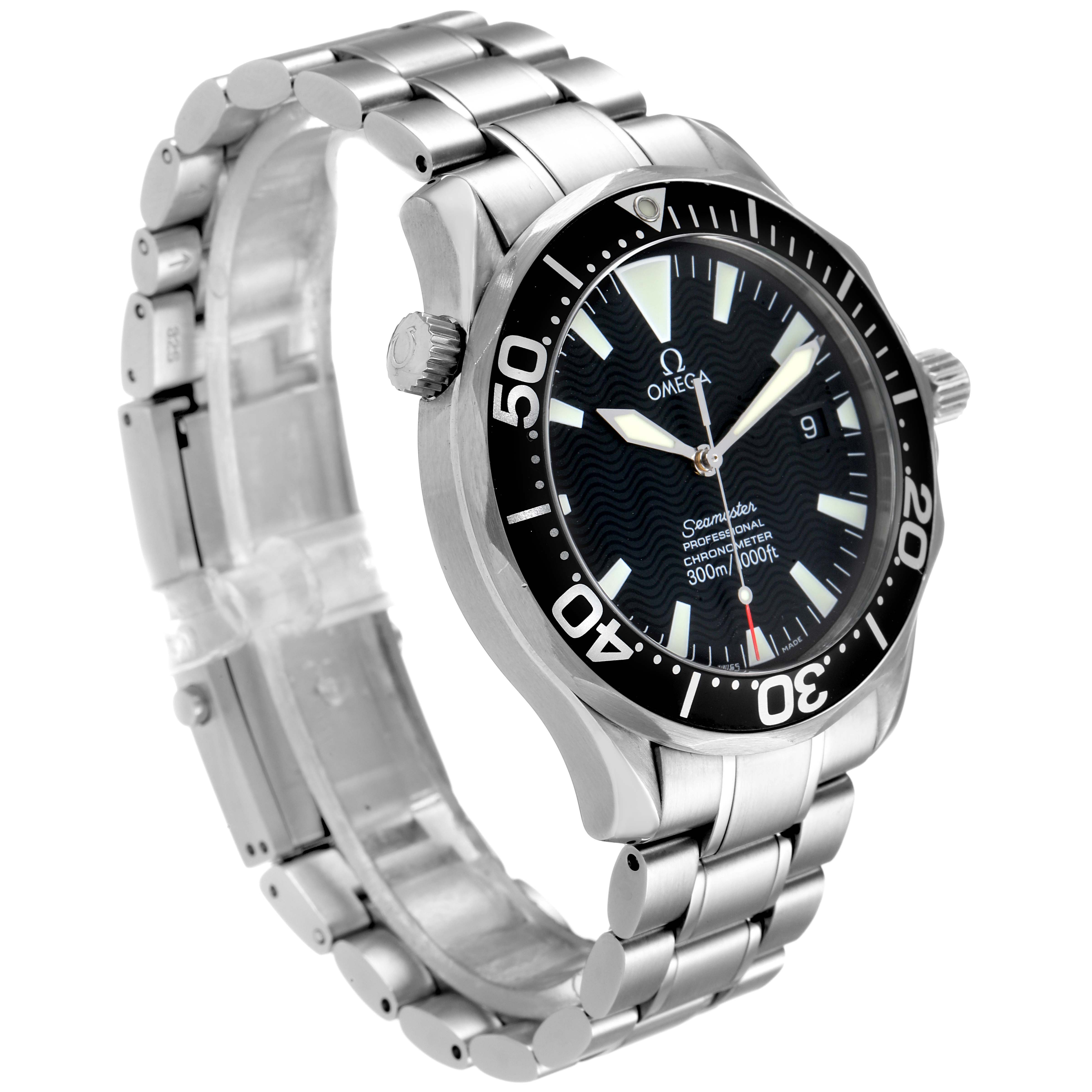 The Omega Seamaster 2254.50.00 Men
s Stainless Steel Black Dial 2254.50.00 Men
s Stainless Steel Black Dial watch is shown at a side angle, displaying the dial, bezel, crown, and metal bracelet.