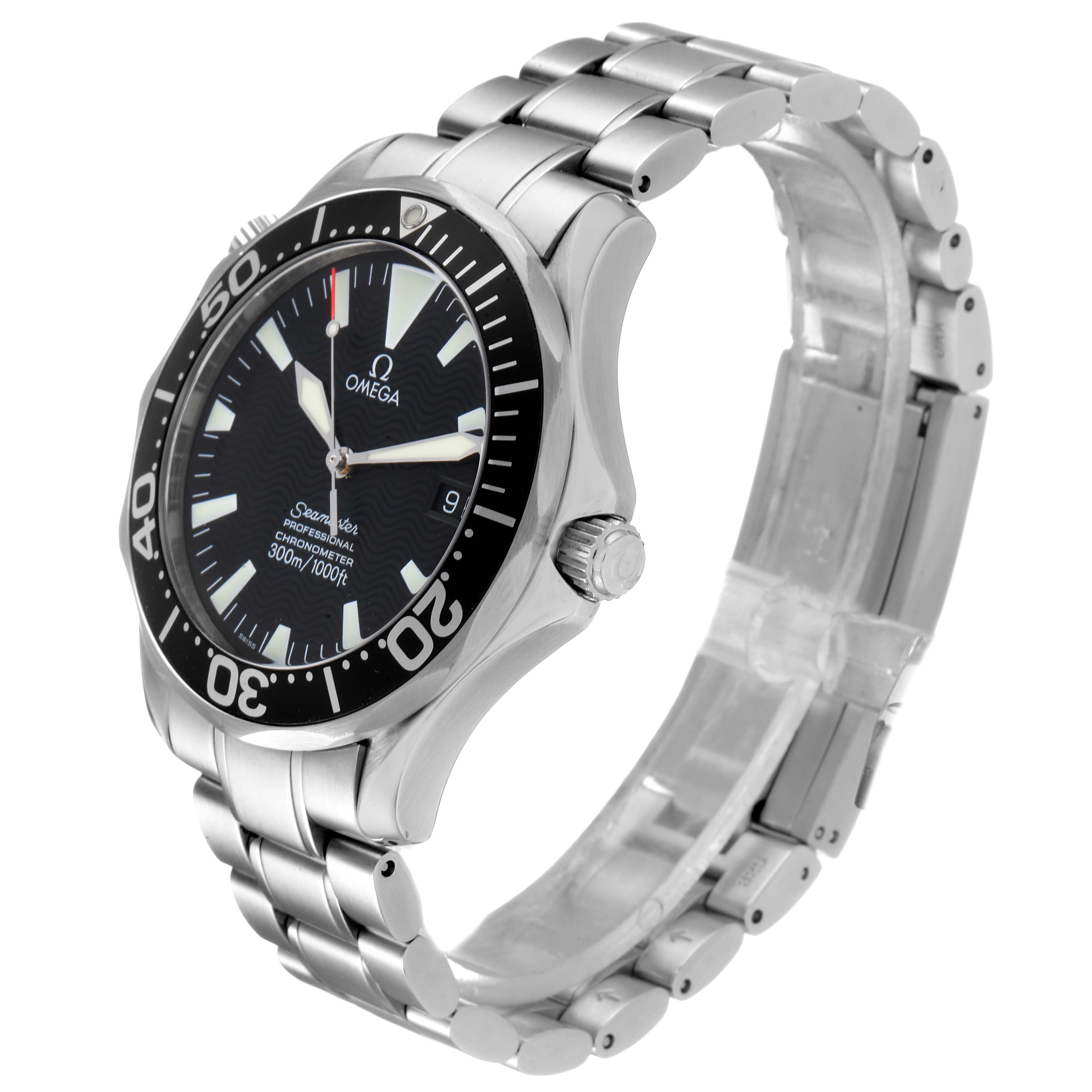 The image shows a side angle of an Omega Seamaster 2254.50.00 Men
s Stainless Steel Black Dial 2254.50.00 Men
s Stainless Steel Black Dial watch, highlighting the face, bezel, and stainless steel bracelet.