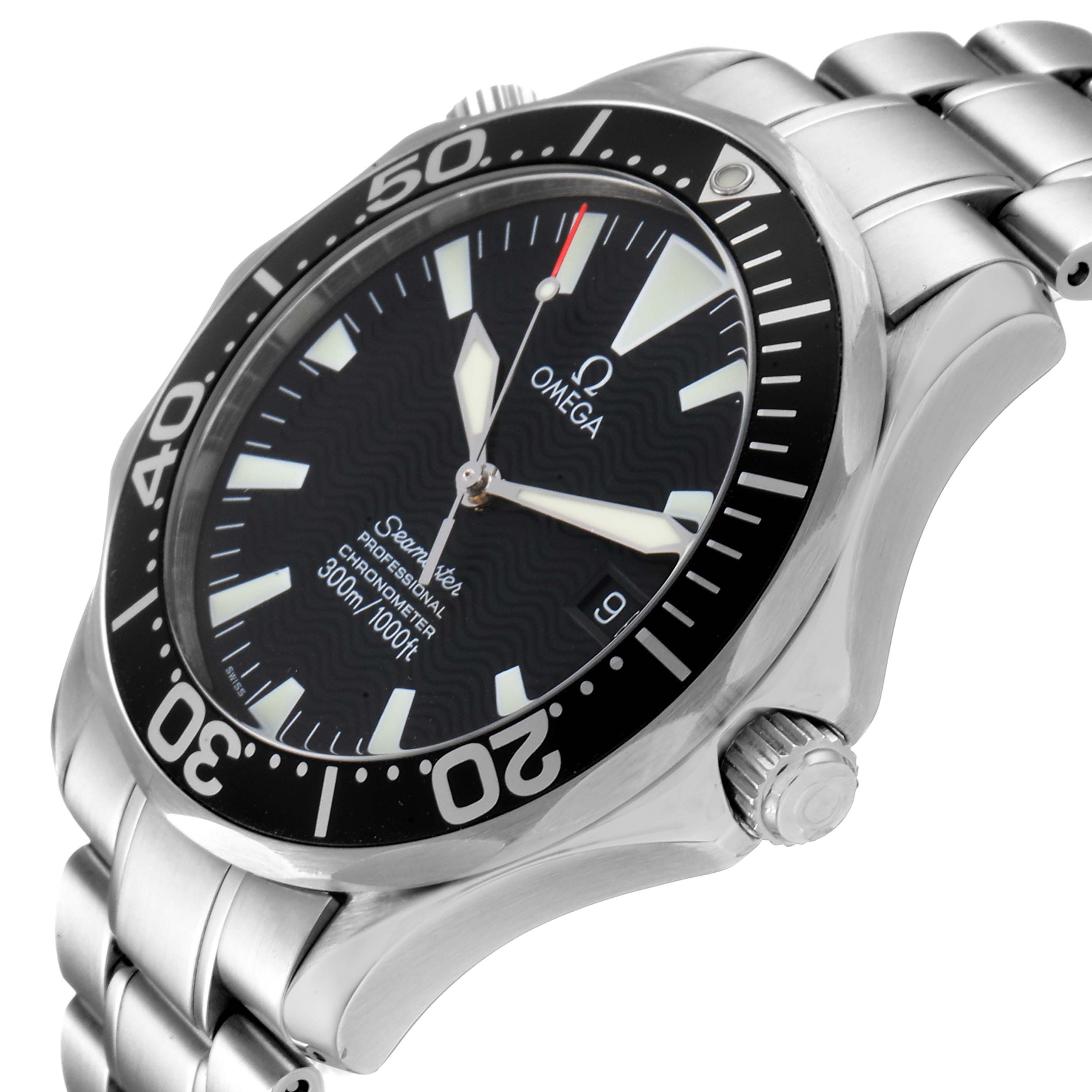 The Omega Seamaster 2254.50.00 Men
s Stainless Steel Black Dial 2254.50.00 Men
s Stainless Steel Black Dial watch is shown from an angled side view, highlighting the dial, bezel, and crown.