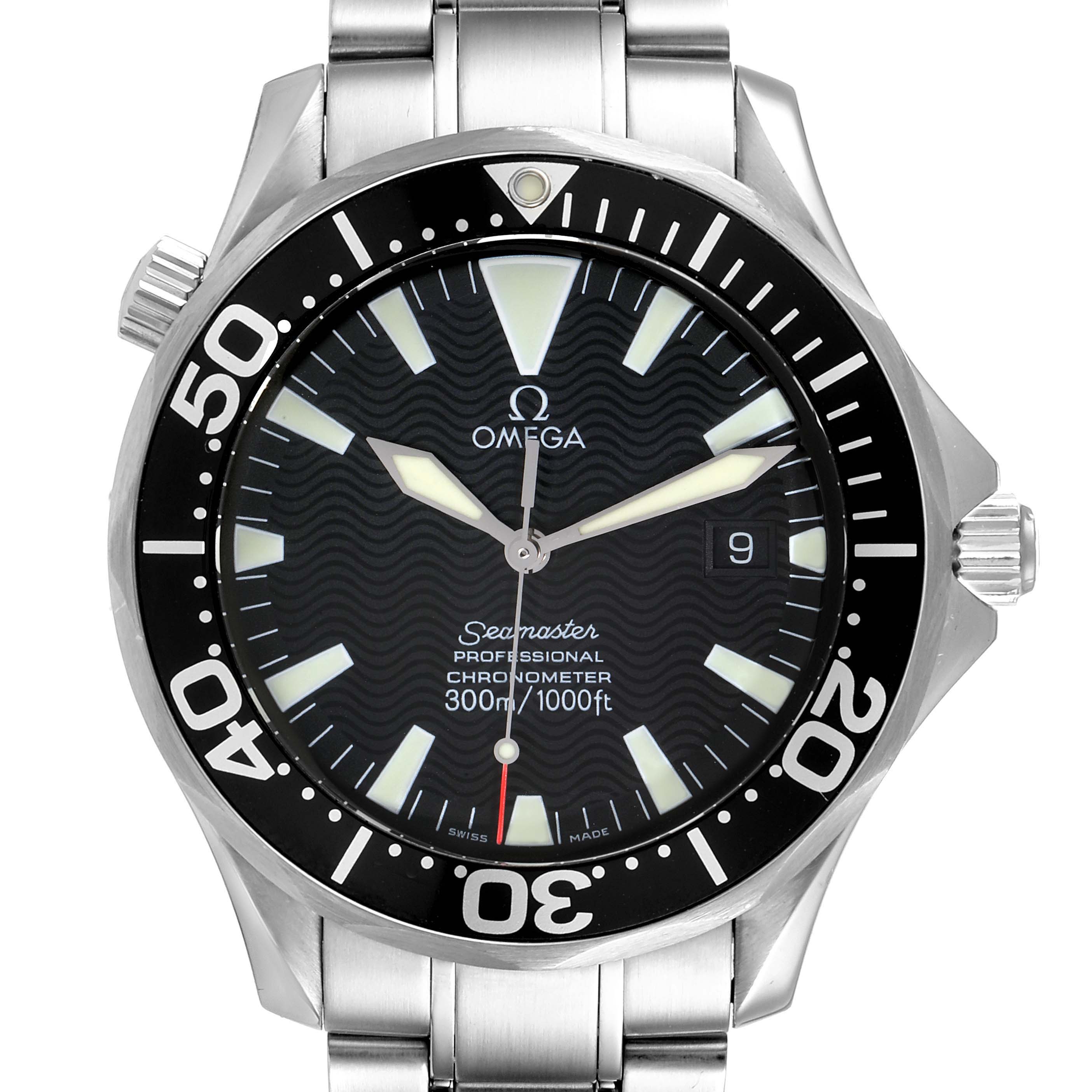 The Omega Seamaster 2254.50.00 Men
s Stainless Steel Black Dial 2254.50.00 Men
s Stainless Steel Black Dial watch is shown from a frontal view, displaying the dial, bezel, and part of the metal bracelet.
