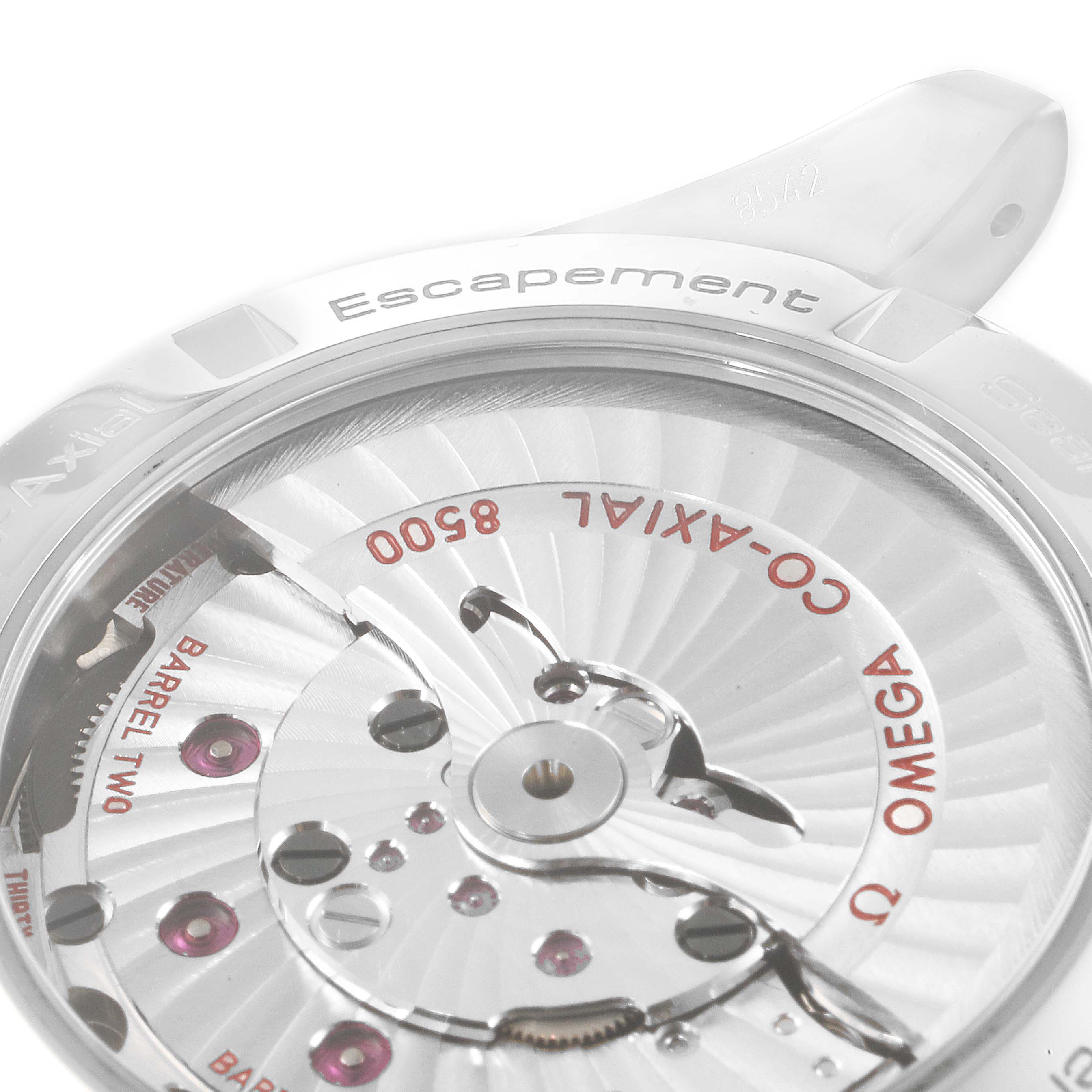 This image shows a close-up view of the Omega Aqua Terra 231.10.42.21.01.001 Men's Stainless Steel Black Dial 231.10.42.21.01.001 Men's Stainless Steel Black Dial watch's movement, highlighting the escapement and Co-Axial 8500 mechanism.