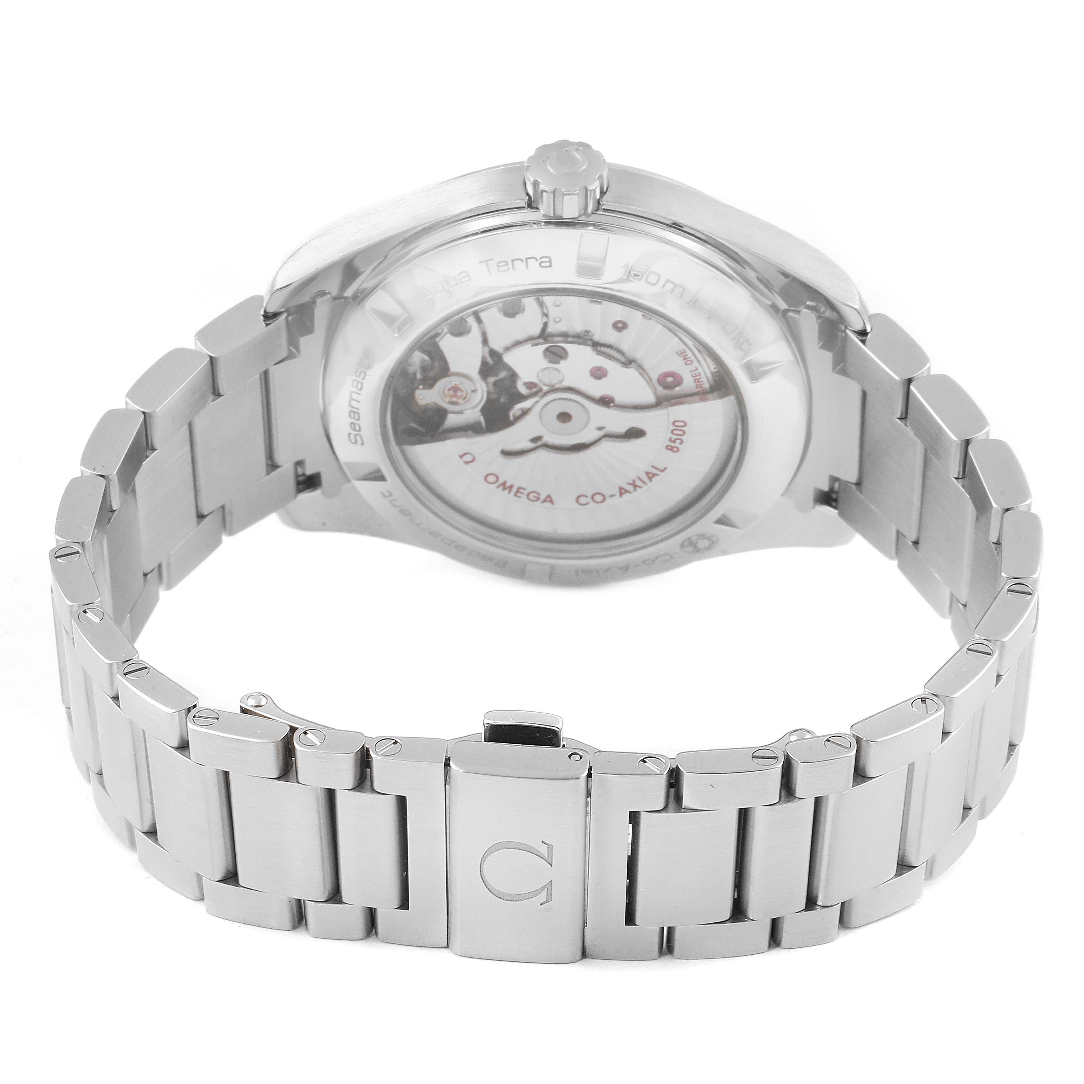 The image shows the back and bracelet of the Omega Aqua Terra 231.10.42.21.01.001 Men's Stainless Steel Black Dial 231.10.42.21.01.001 Men's Stainless Steel Black Dial watch, highlighting the movement through the transparent case back.