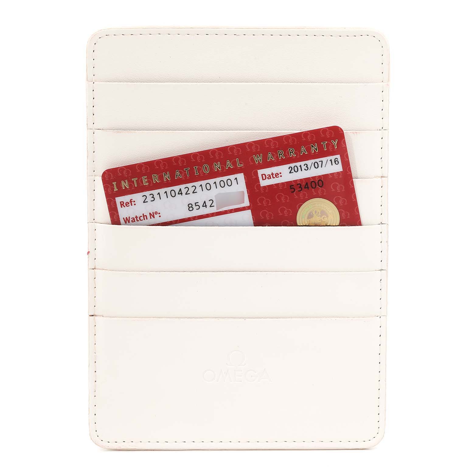 The image shows an Omega Aqua Terra 231.10.42.21.01.001 Men's Stainless Steel Black Dial 231.10.42.21.01.001 Men's Stainless Steel Black Dial warranty card inside a white cardholder, viewed from the front.