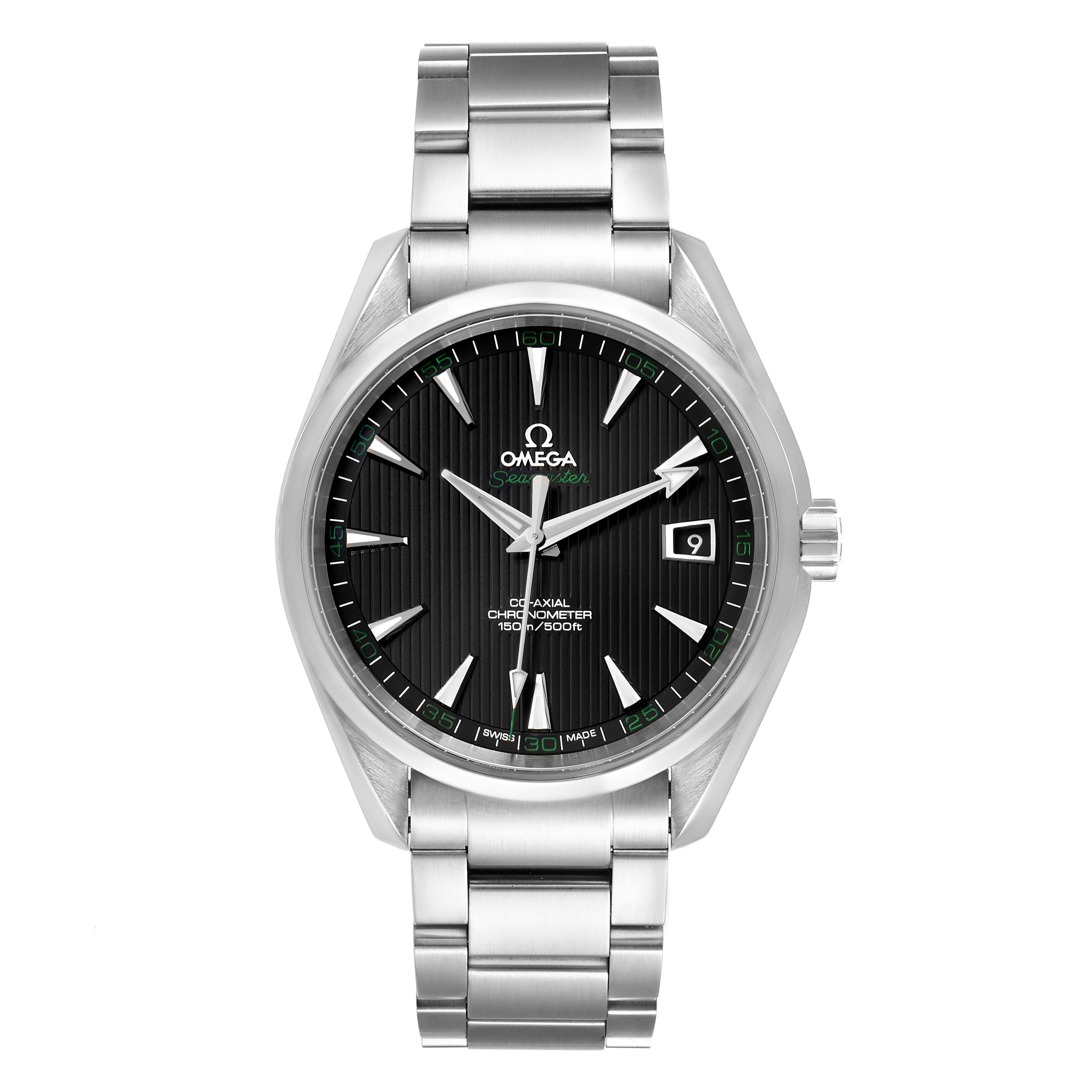 This image shows a front view of the Omega Aqua Terra 231.10.42.21.01.001 Men's Stainless Steel Black Dial 231.10.42.21.01.001 Men's Stainless Steel Black Dial watch, highlighting its stainless steel bracelet and black dial.