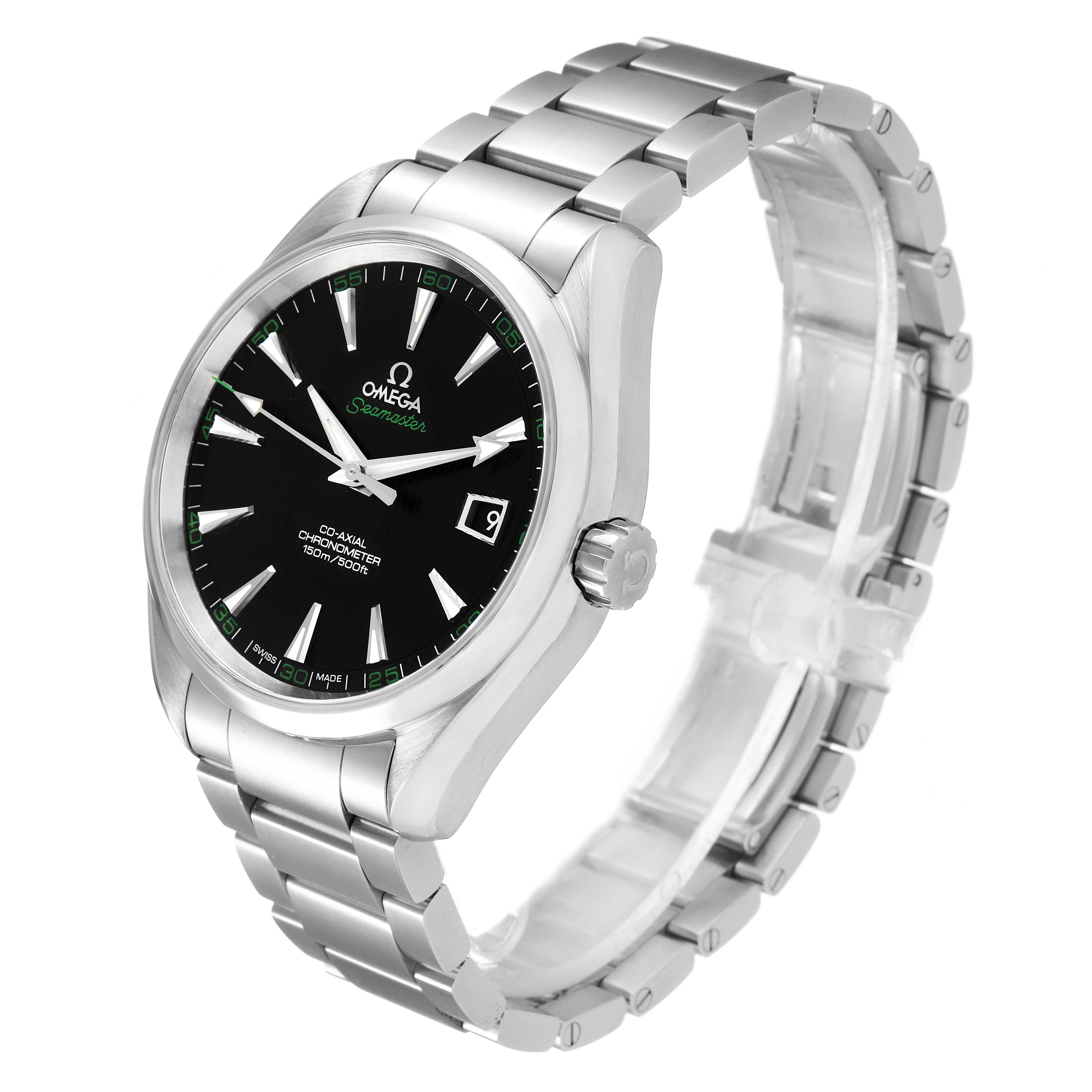 The Omega Aqua Terra 231.10.42.21.01.001 Men's Stainless Steel Black Dial 231.10.42.21.01.001 Men's Stainless Steel Black Dial watch is shown at a three-quarter angle, highlighting its face, crown, and bracelet.