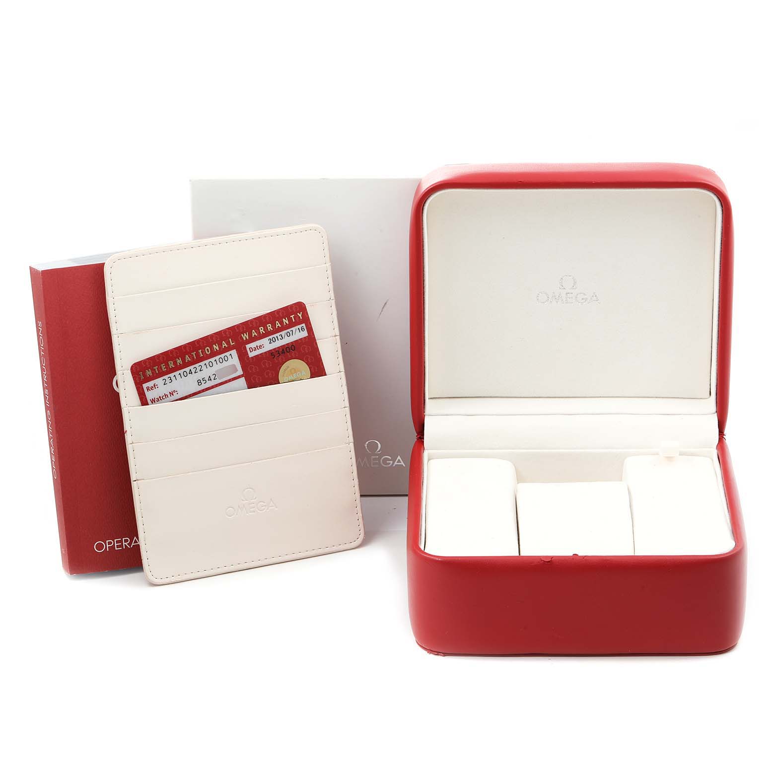 The image shows the Omega Aqua Terra 231.10.42.21.01.001 Men's Stainless Steel Black Dial 231.10.42.21.01.001 Men's Stainless Steel Black Dial model watch packaging, warranty cardholder, and an open red watch box.