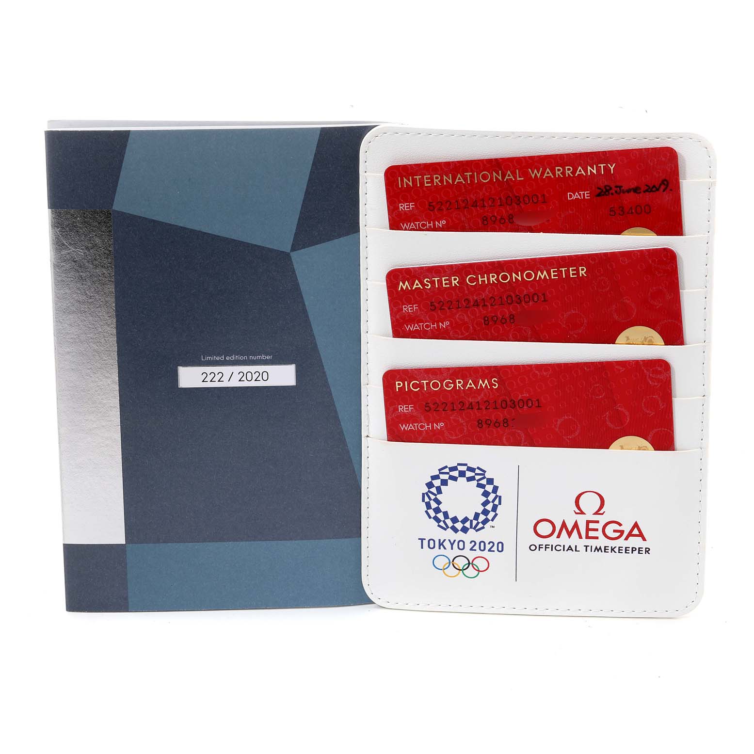 The image shows warranty cards and booklets for the Omega Aqua Terra 522.12.41.21.03.001 Men's Stainless Steel Blue Dial 522.12.41.21.03.001 Men's Stainless Steel Blue Dial watch model, including international warranty, master chronometer, and pictograms cards.