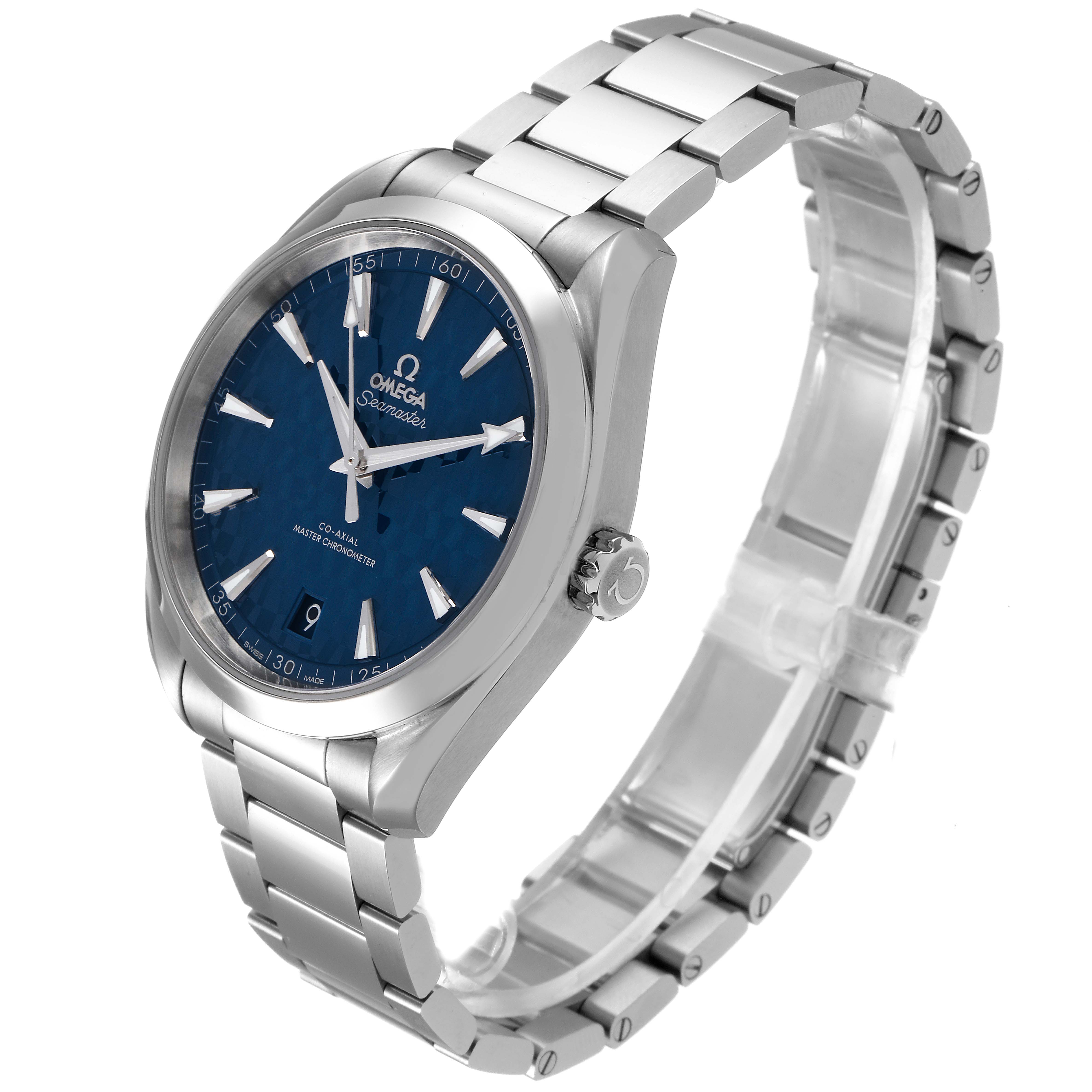 This image shows a side and front angle of an Omega Aqua Terra 522.12.41.21.03.001 Men's Stainless Steel Blue Dial 522.12.41.21.03.001 Men's Stainless Steel Blue Dial watch, highlighting the blue dial, bezel, and metal bracelet.
