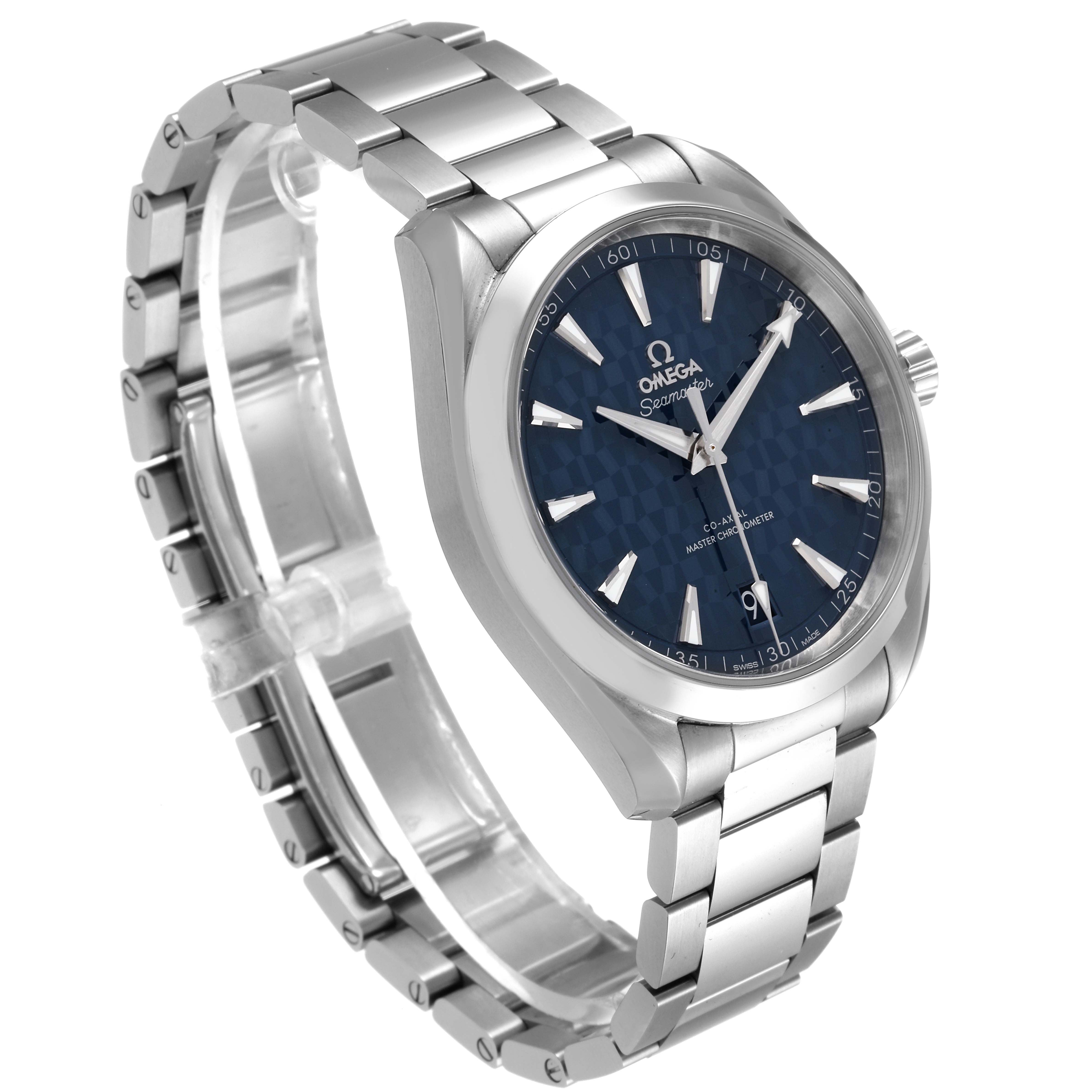 This image shows the Omega Aqua Terra 522.12.41.21.03.001 Men's Stainless Steel Blue Dial 522.12.41.21.03.001 Men's Stainless Steel Blue Dial watch at a slight angle, highlighting the face, bezel, and stainless steel bracelet.