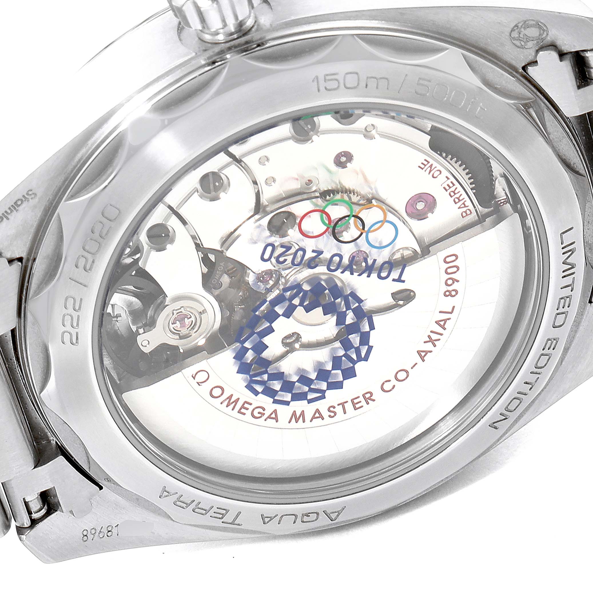 The image shows the back view of an Omega Aqua Terra 522.12.41.21.03.001 Men's Stainless Steel Blue Dial 522.12.41.21.03.001 Men's Stainless Steel Blue Dial watch, displaying its movement and inscriptions.