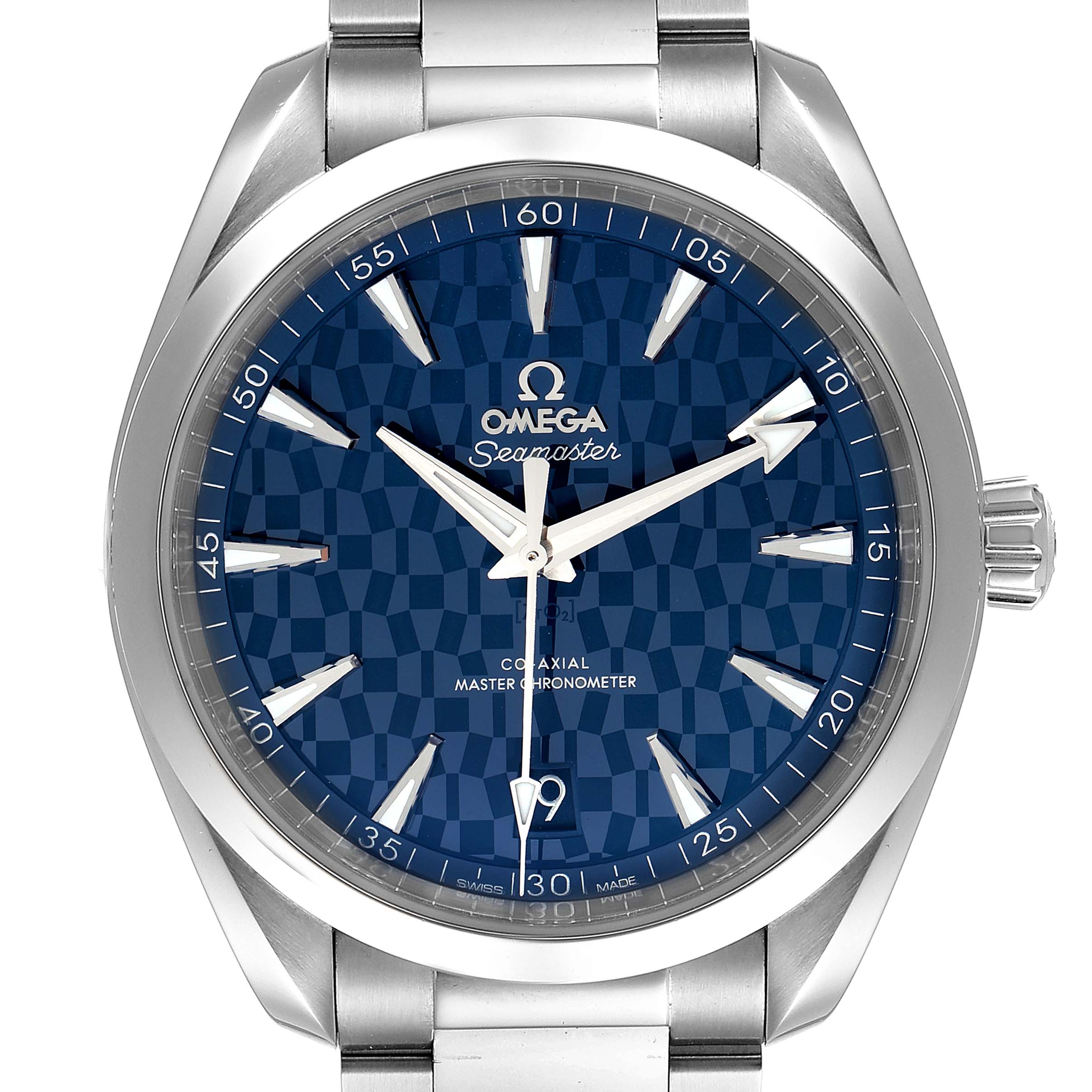 The image shows a front view of the Omega Aqua Terra 522.12.41.21.03.001 Men's Stainless Steel Blue Dial 522.12.41.21.03.001 Men's Stainless Steel Blue Dial watch, displaying its blue patterned dial, hands, and part of its metal bracelet.