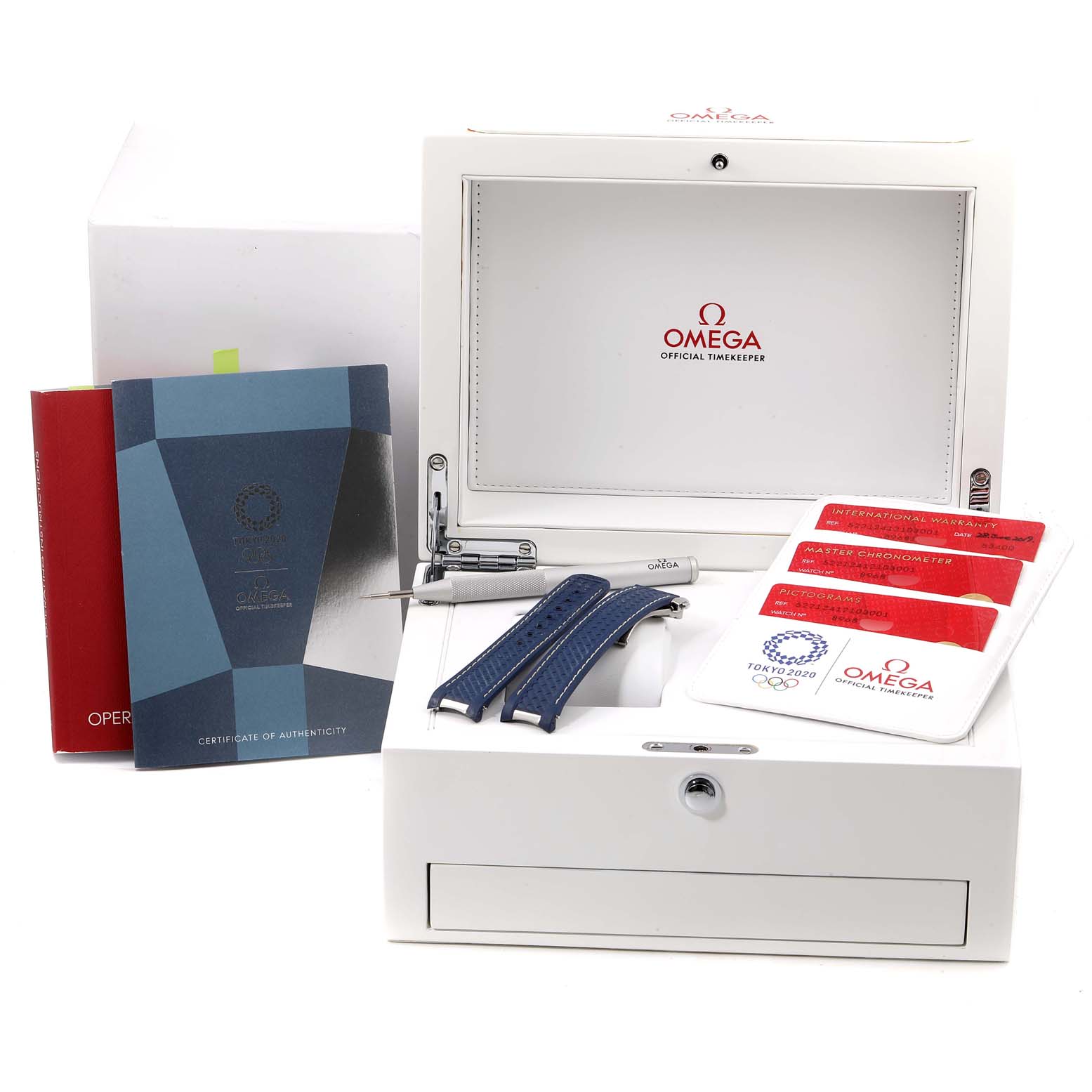 The image shows an Omega Aqua Terra 522.12.41.21.03.001 Men's Stainless Steel Blue Dial 522.12.41.21.03.001 Men's Stainless Steel Blue Dial watch box with manuals, warranty cards, a strap, and a tool.