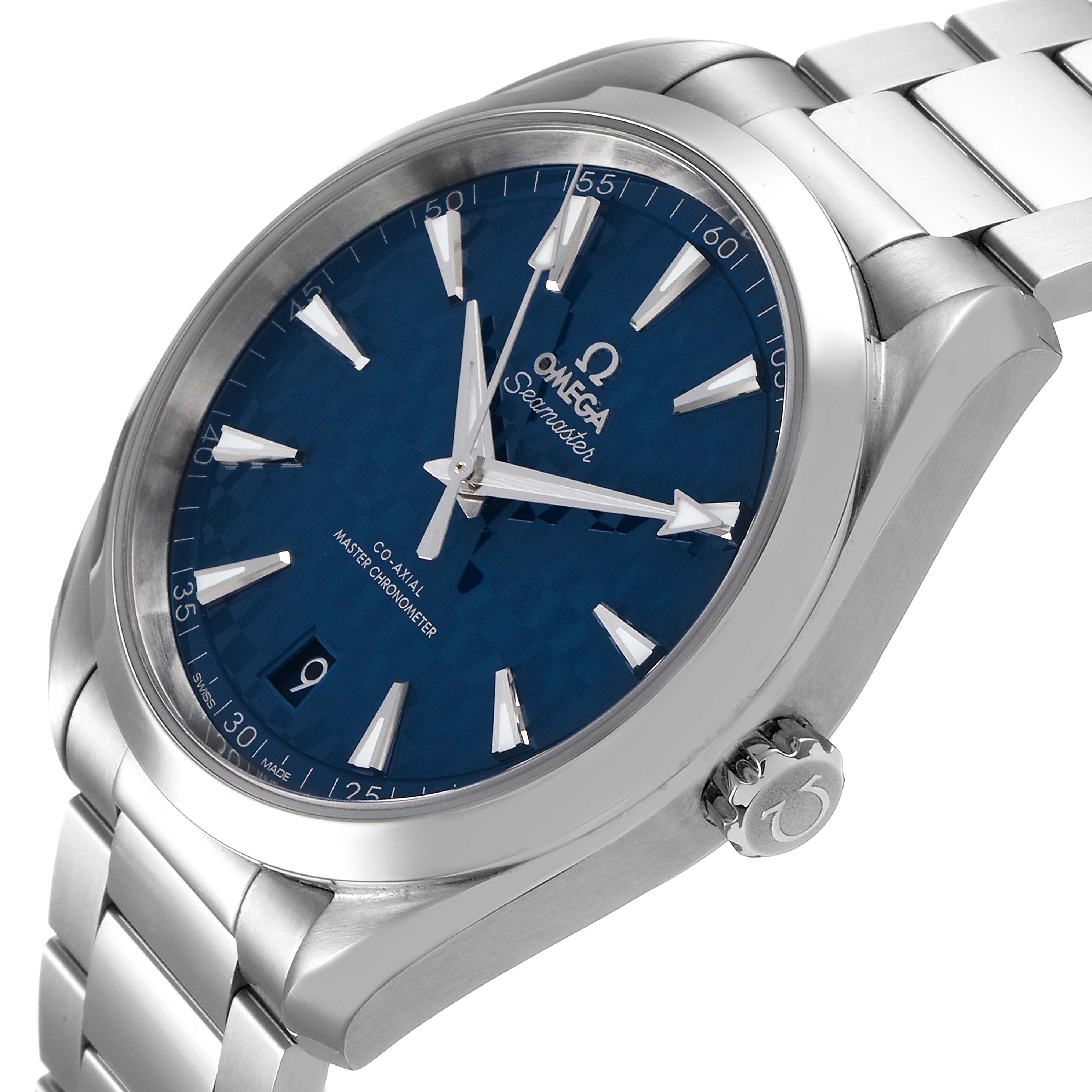 The Omega Aqua Terra 522.12.41.21.03.001 Men's Stainless Steel Blue Dial 522.12.41.21.03.001 Men's Stainless Steel Blue Dial watch is shown at an angle, highlighting the blue dial, crown, and metal bracelet.