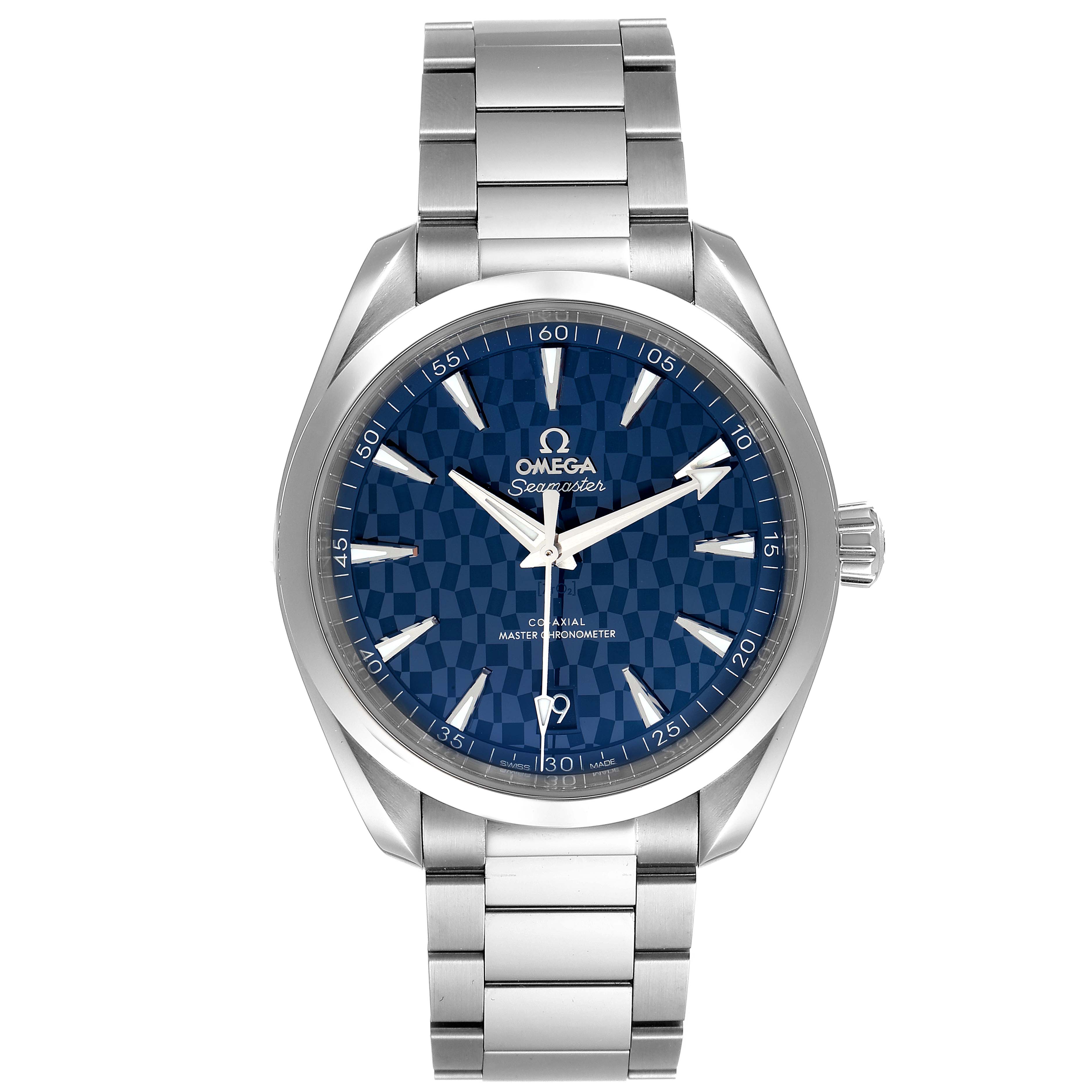 This image shows a front view of an Omega Aqua Terra 522.12.41.21.03.001 Men's Stainless Steel Blue Dial 522.12.41.21.03.001 Men's Stainless Steel Blue Dial watch, displaying the dial, bezel, and part of the bracelet.