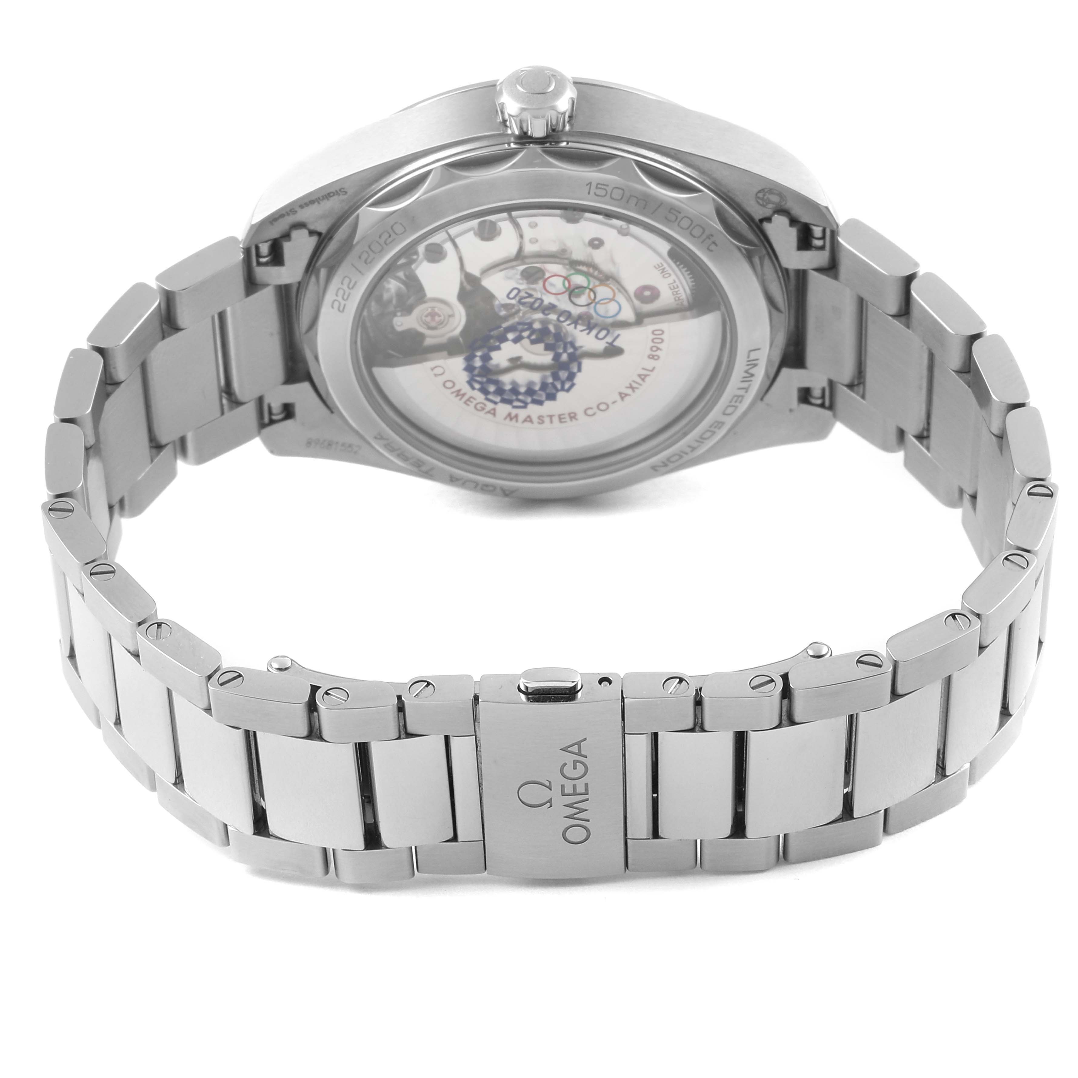 The image shows the back view of the Omega Aqua Terra 522.12.41.21.03.001 Men's Stainless Steel Blue Dial 522.12.41.21.03.001 Men's Stainless Steel Blue Dial watch, highlighting its case back and metal bracelet.