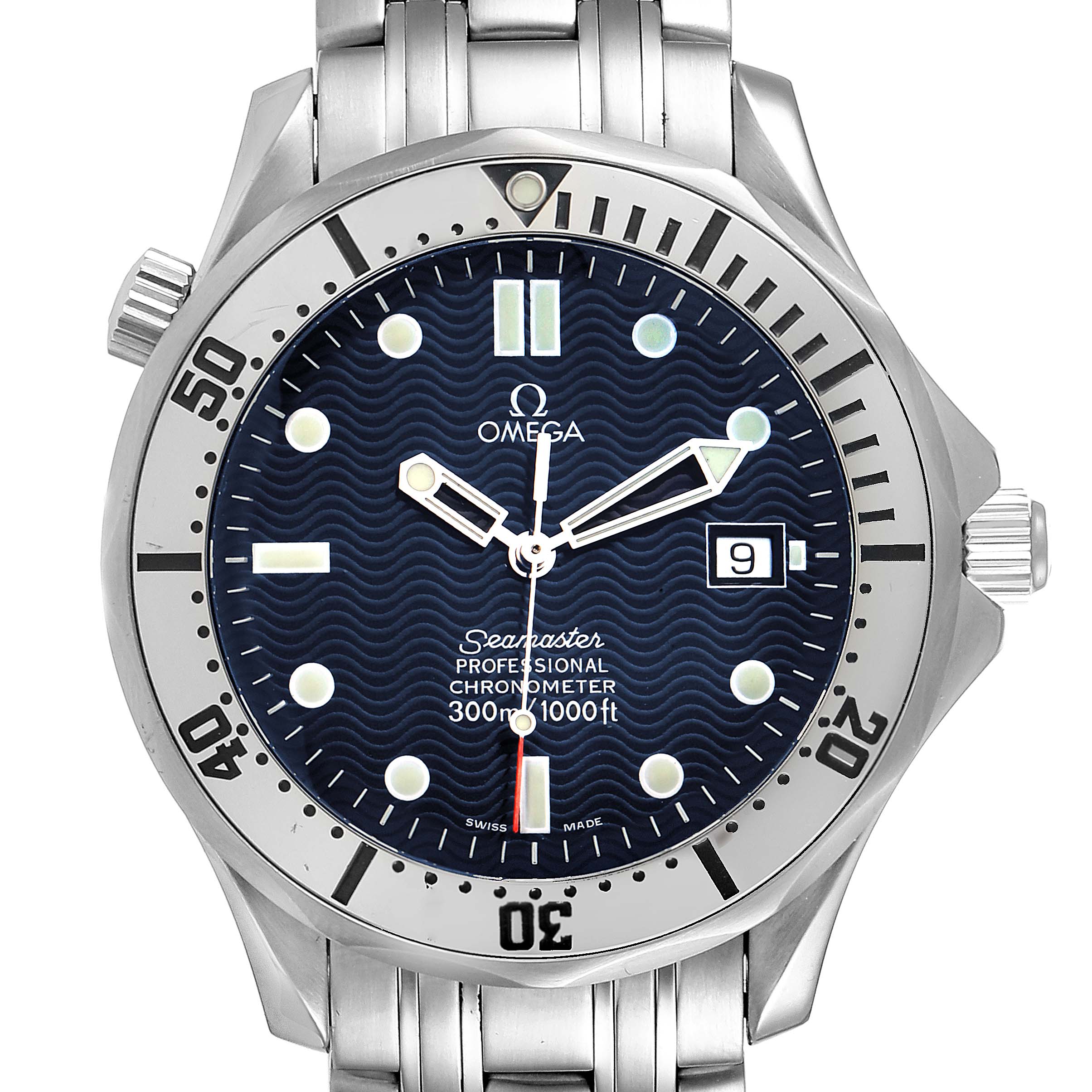 This is a front view of the Omega Seamaster 2532.80.00 Men
s Stainless Steel Blue Dial 2532.80.00 Men
s Stainless Steel Blue Dial watch, showing the dial, hands, bezel, crown, and part of the metal bracelet.
