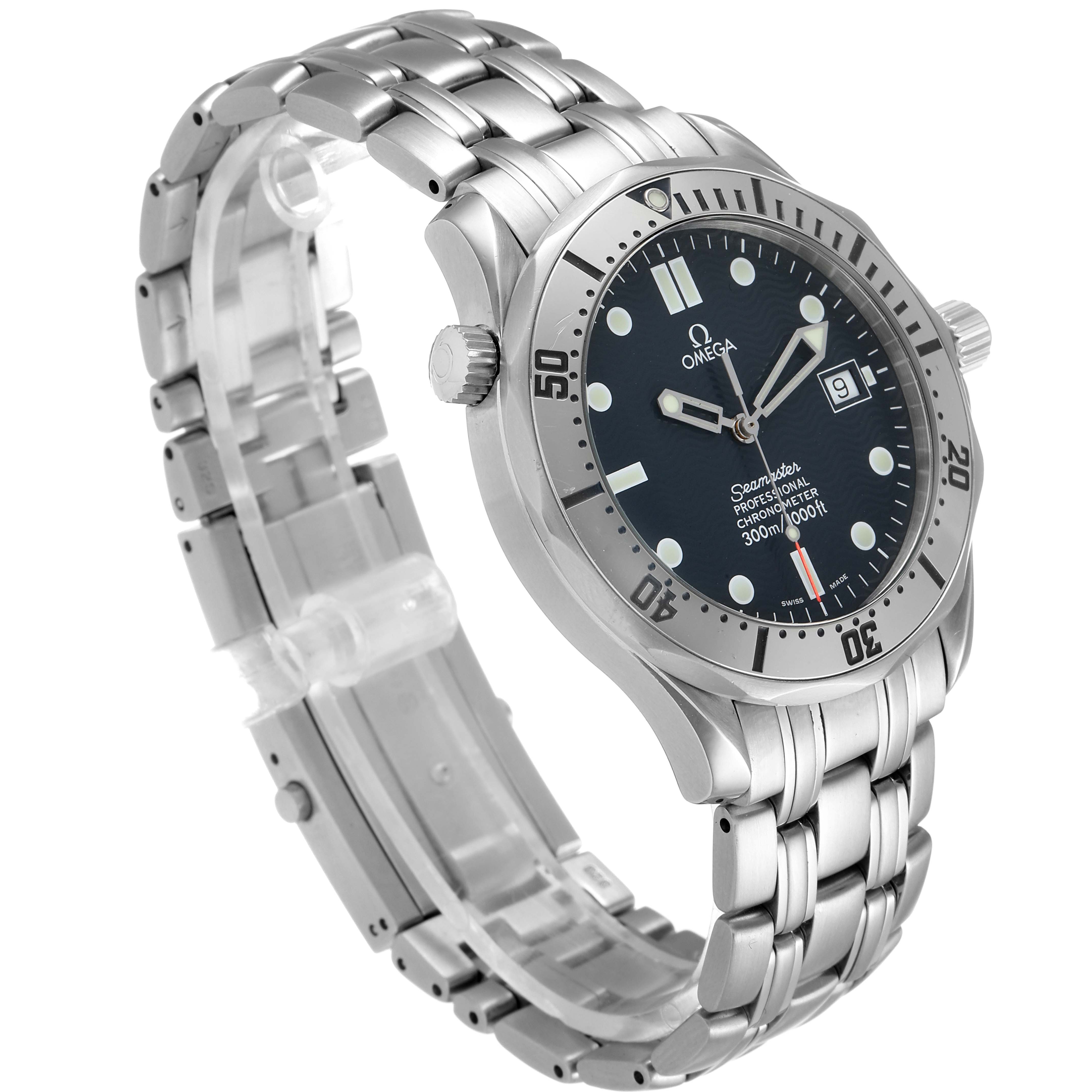 The Omega Seamaster 2532.80.00 Men
s Stainless Steel Blue Dial 2532.80.00 Men
s Stainless Steel Blue Dial watch is shown from a three-quarter angle, displaying the dial, bezel, and stainless steel bracelet.